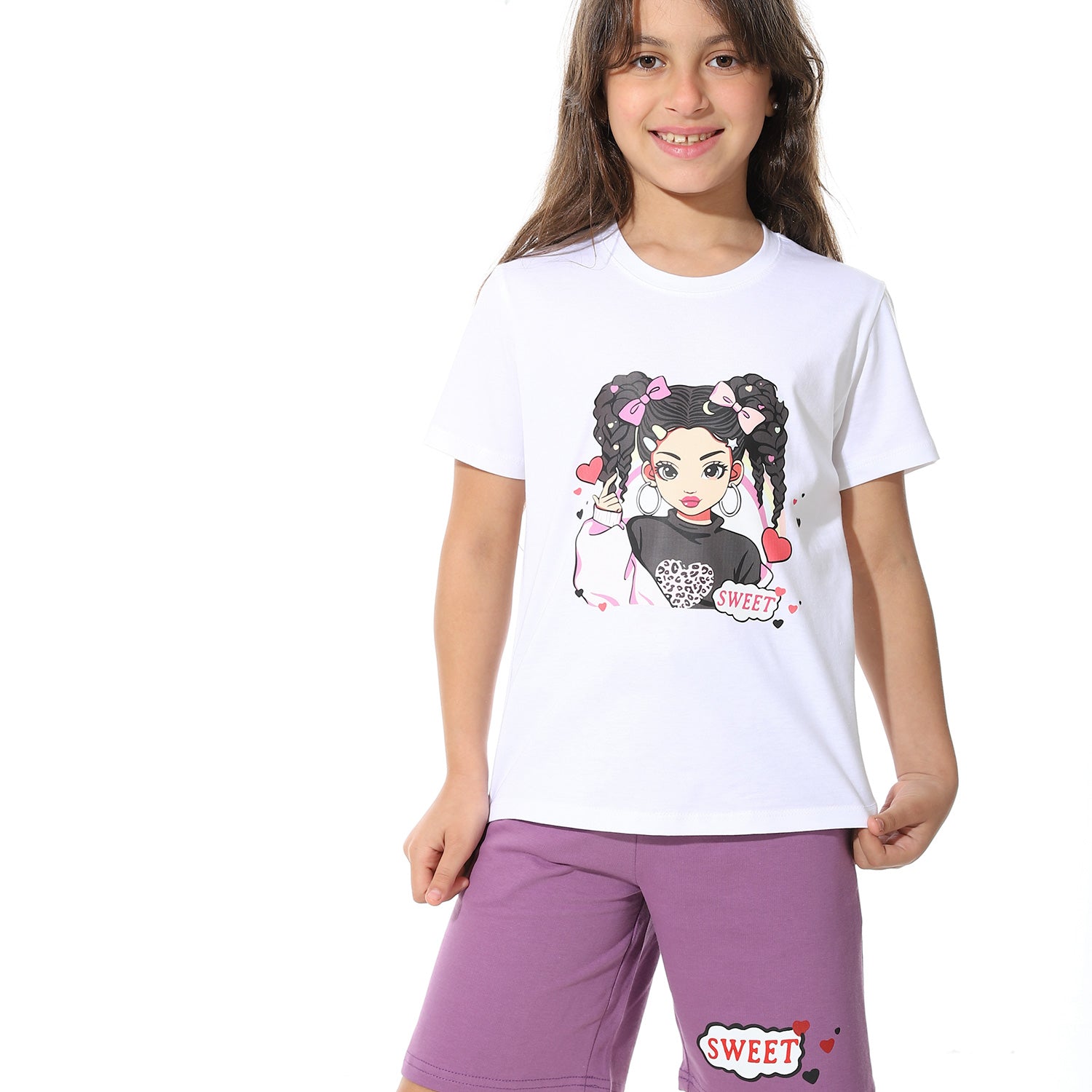Girls’ Purple "Sweet" Printed Short Pajama  Set