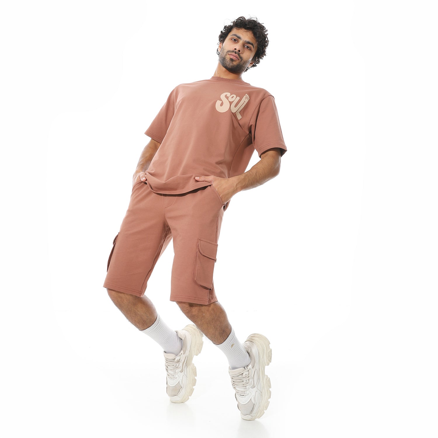 Men's Set Casual Cargo Shorts Set – Print T-Shirt - Brown