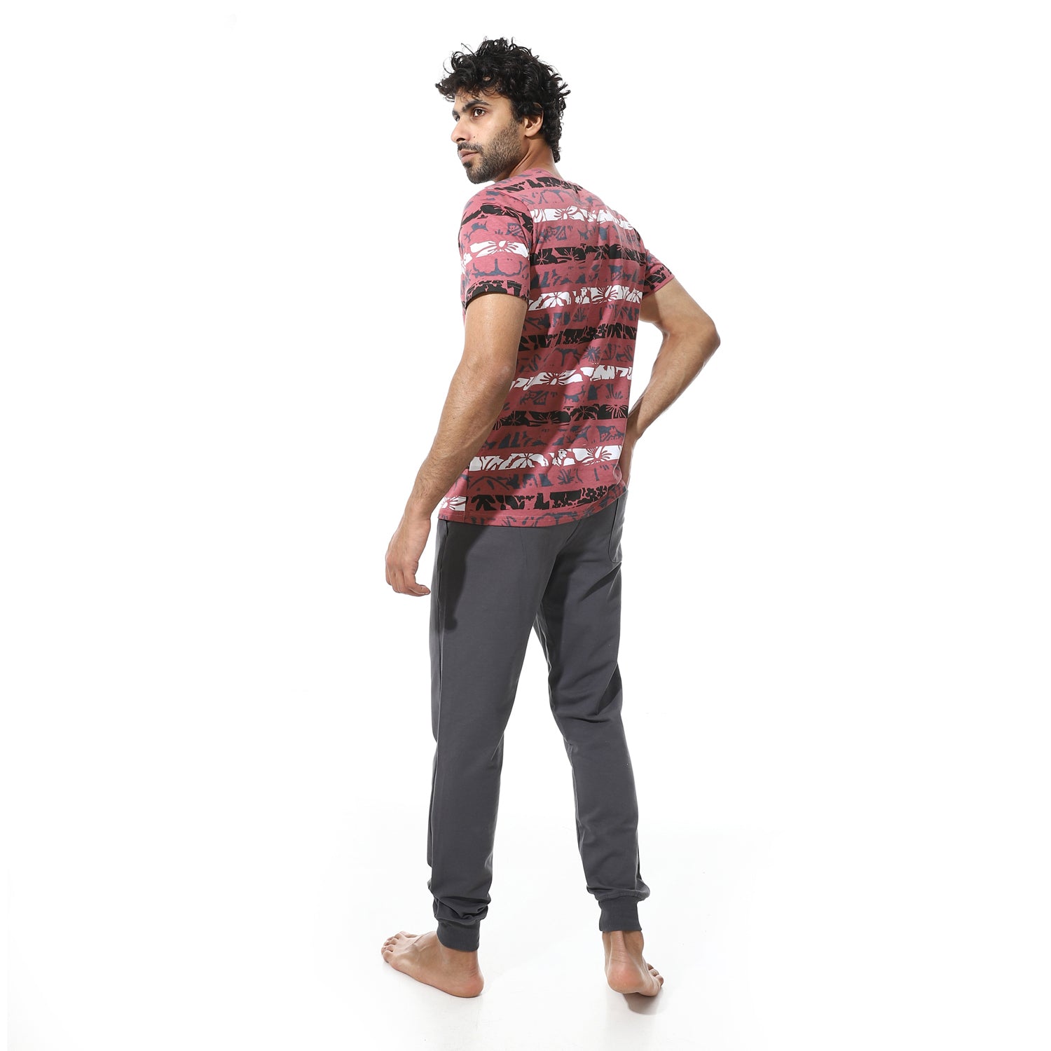 Printed Floral Tee & Solid Pants Pajama Set - Kashmir & Grey
