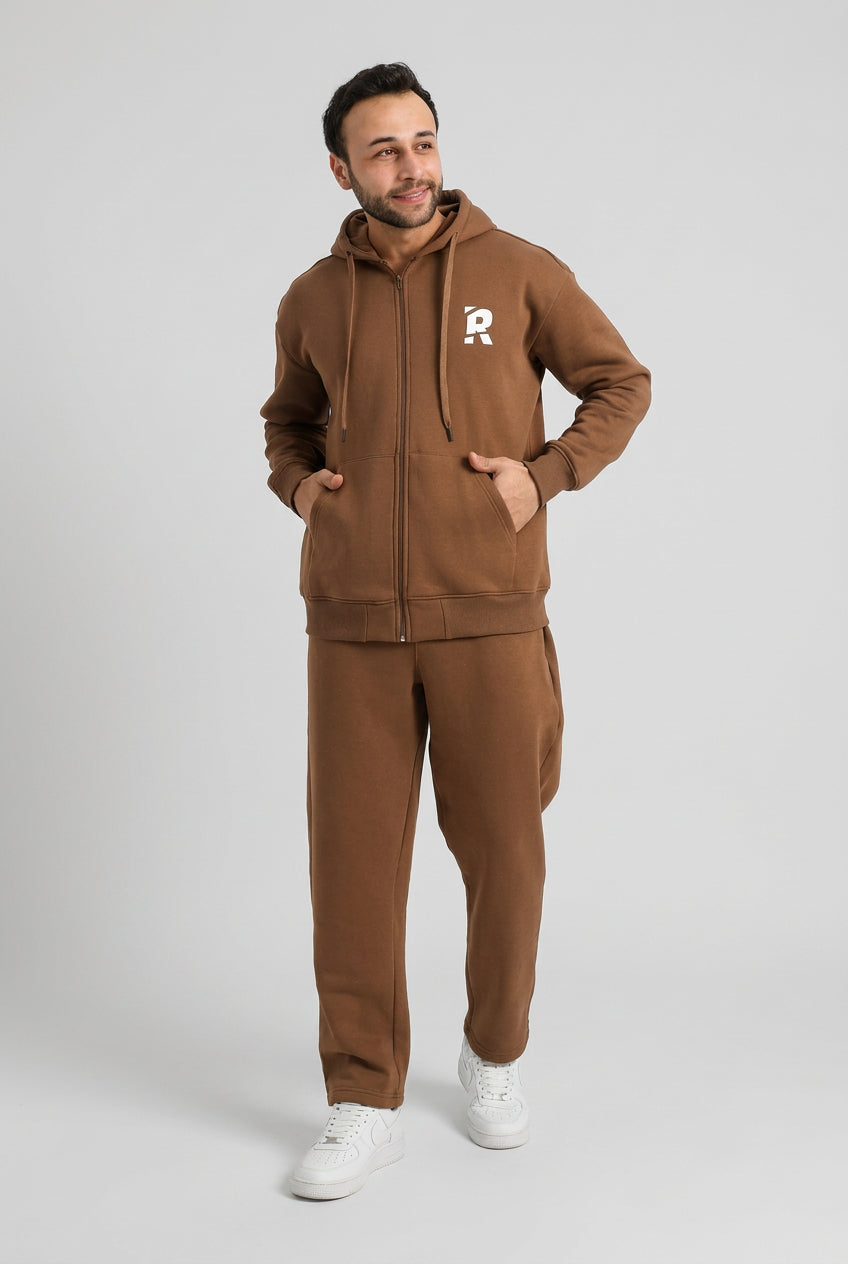 Men’s Brown Hooded Tracksuit – Full-Zip Hoodie & Joggers