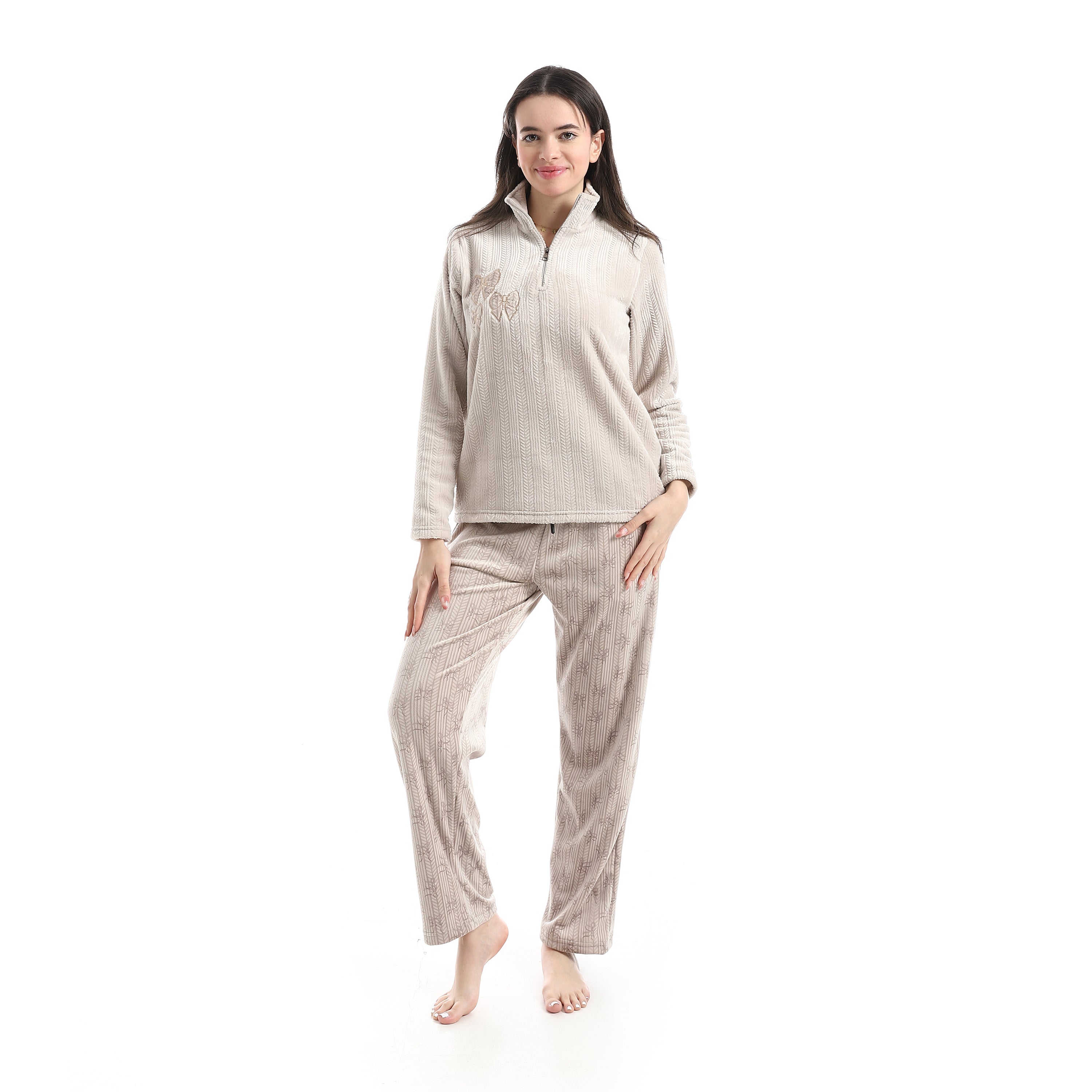 Women's Ribbed Velvet Pajama Set – High-Neck Embroidered Lounge Set