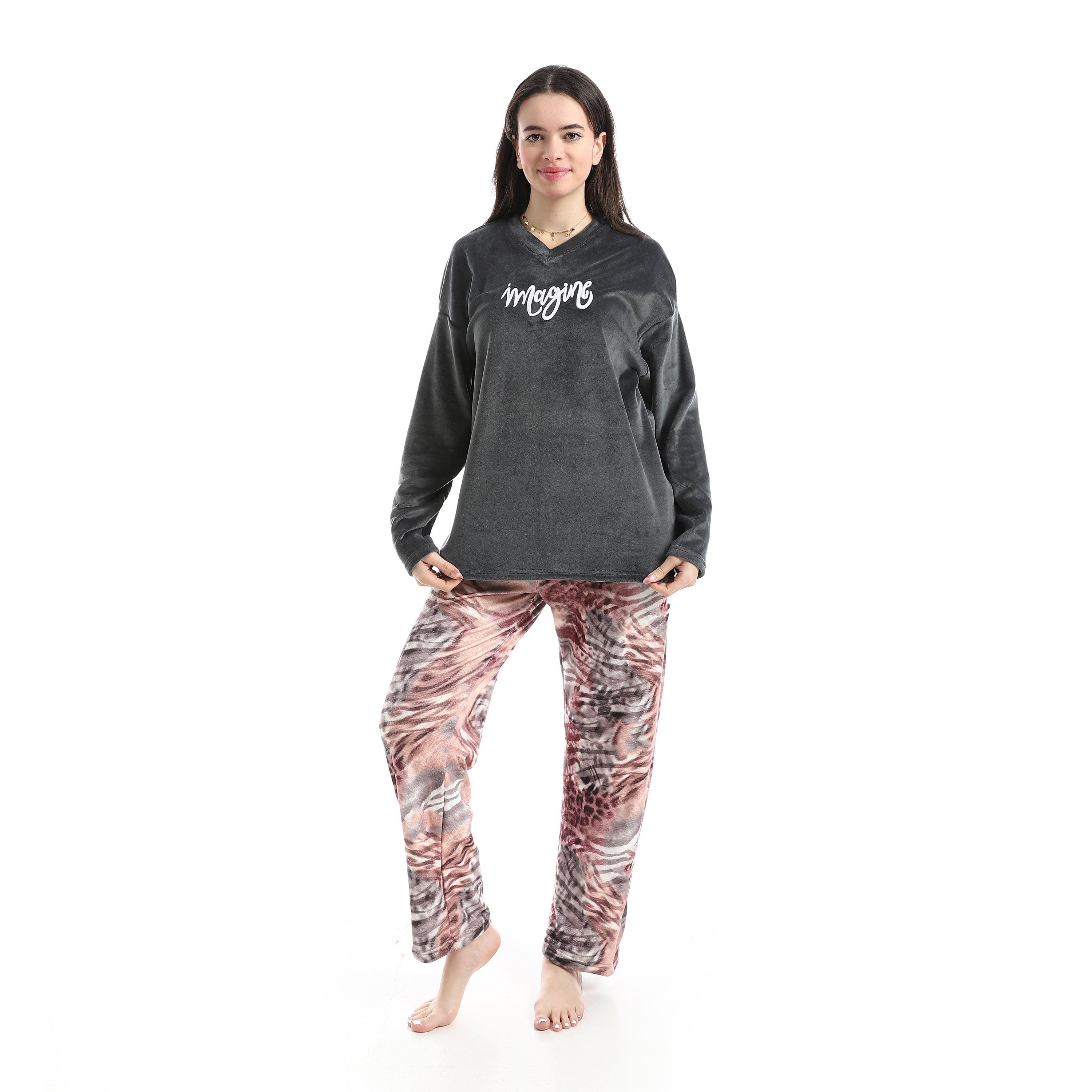 Women's "Imagine" Velvet Two-Piece Pajama Set – Charcoal & Animal Print