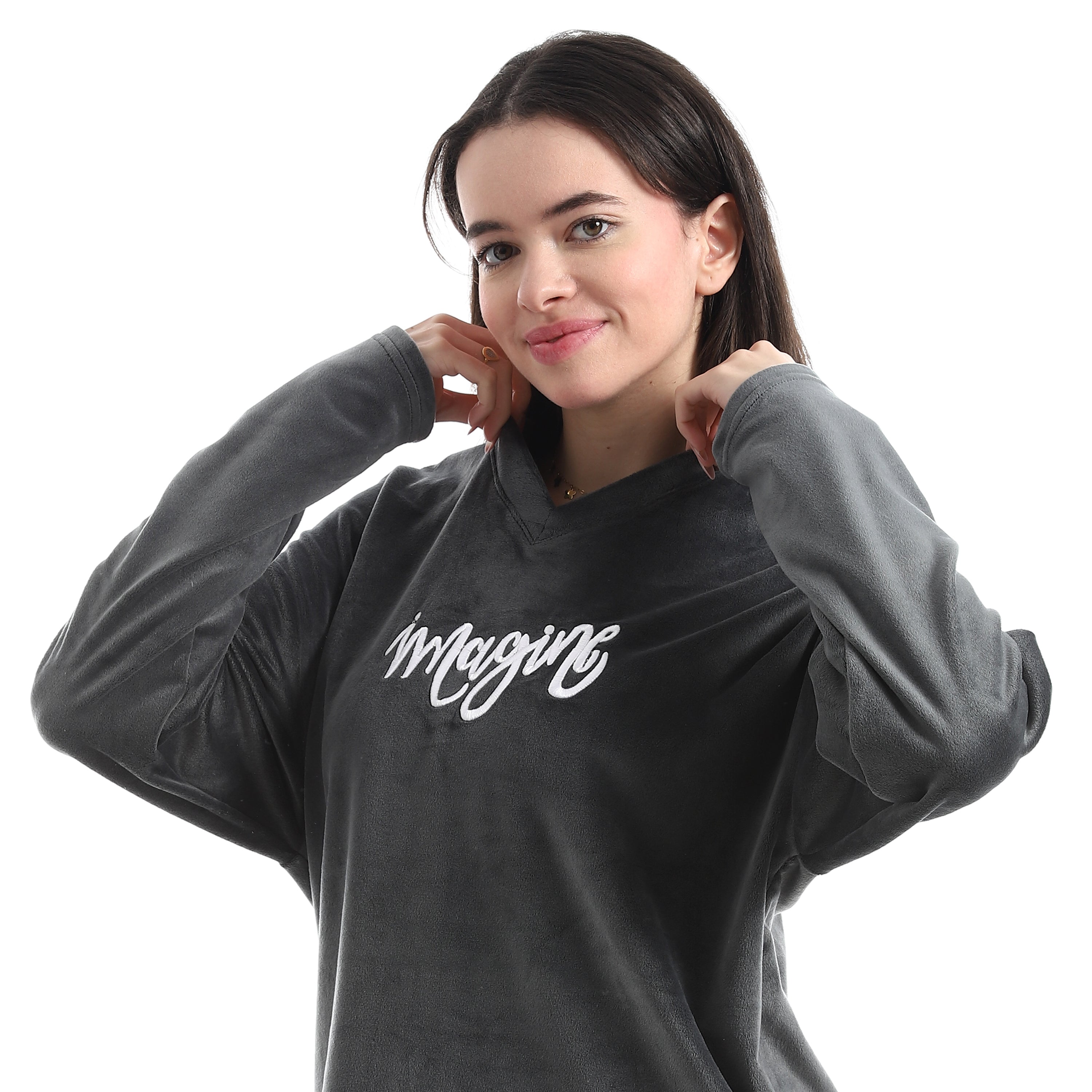 Women's "Imagine" Velvet Two-Piece Pajama Set – Charcoal & Animal Print