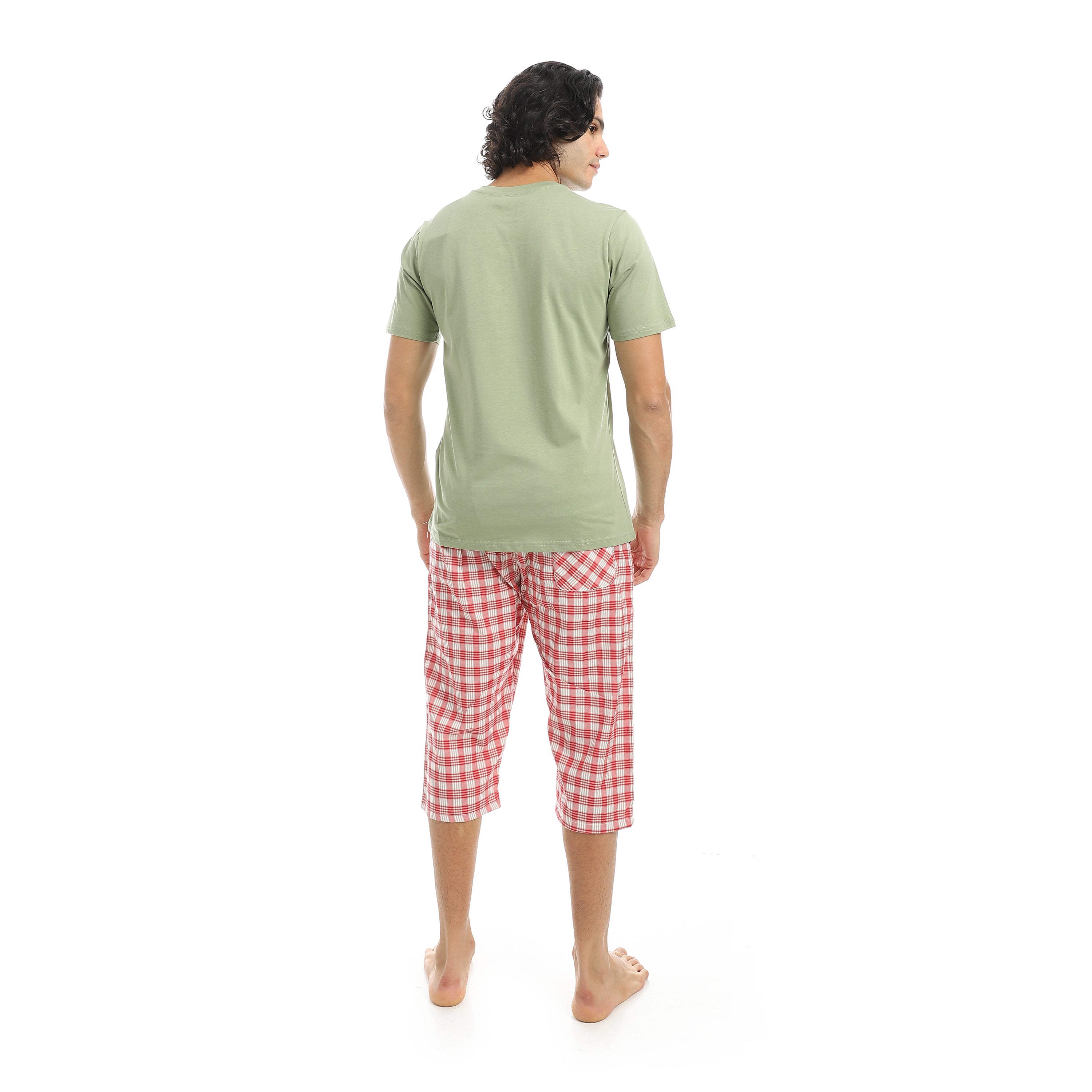 Men’s Cotton Pajama Set – Olive Henley T-Shirt Checkered Pantacourt