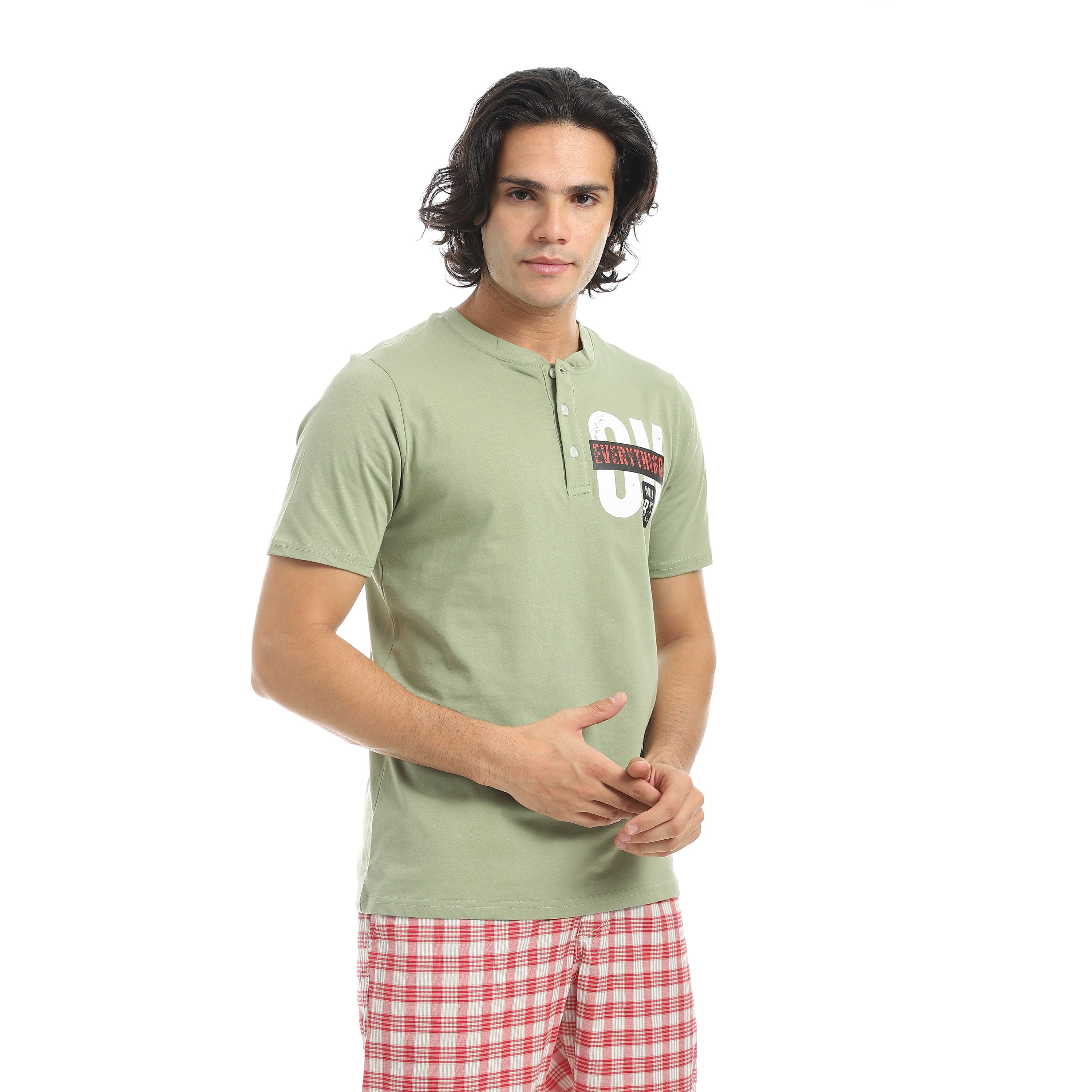 Men’s Cotton Pajama Set – Olive Henley T-Shirt Checkered Pantacourt