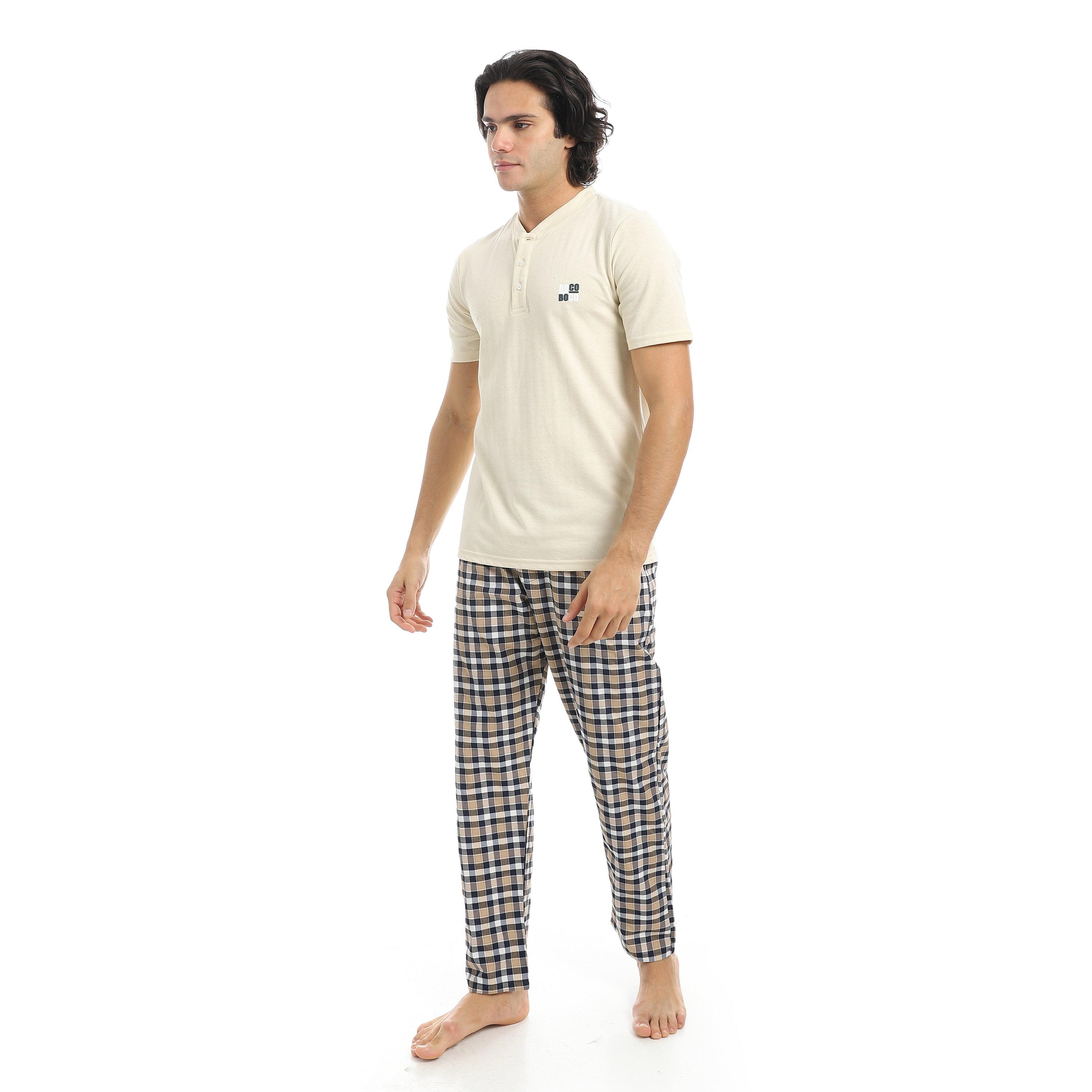 Men’s Cotton Pajama Set – Off White Henley T-Shirt with Checkered Pants