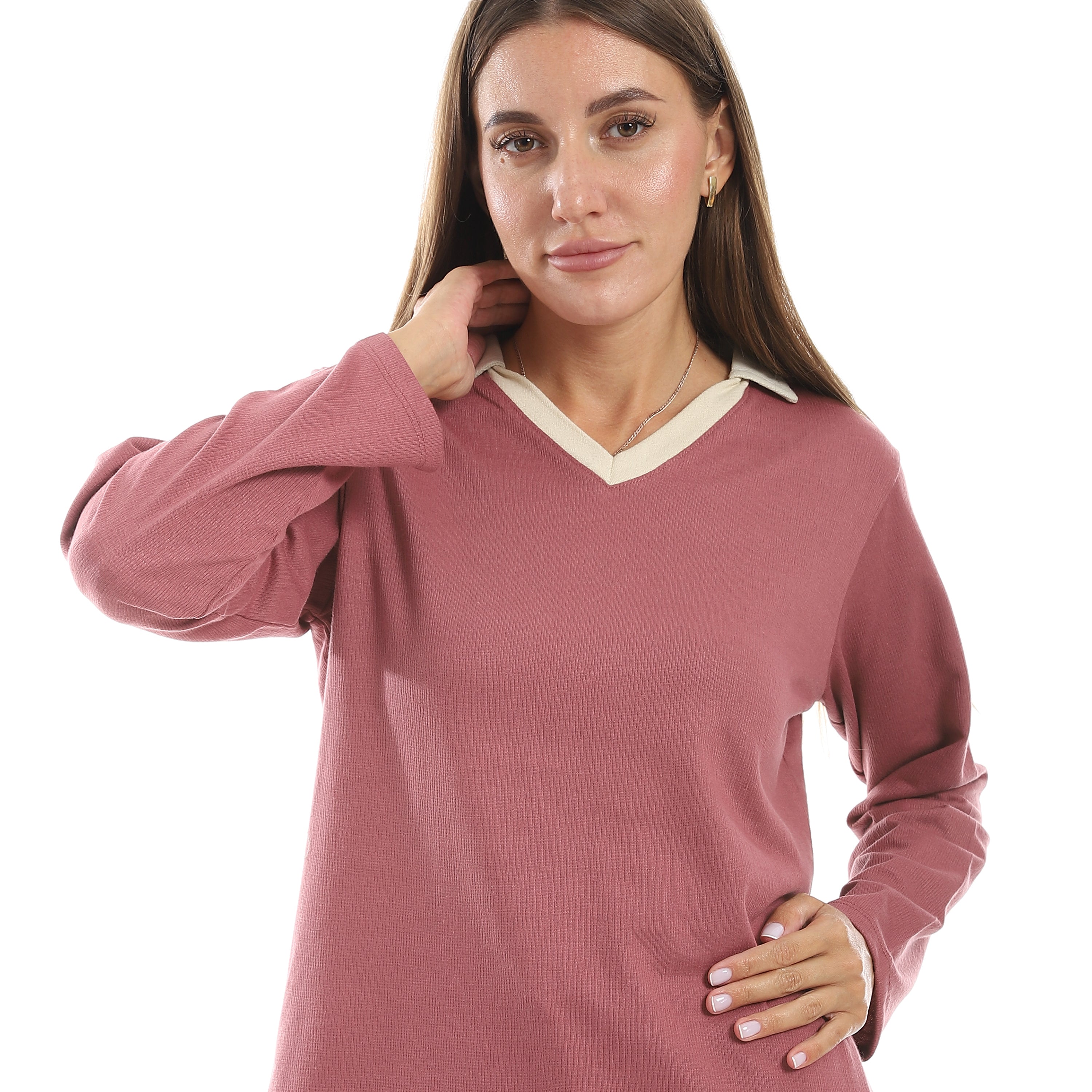 Women’s Jacquard Pajama Set – Long Sleeve Top & Pants with Beige Side Stripe