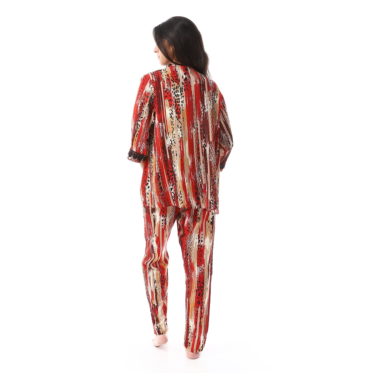 Set Of 3 Robe, Top & Pants Pajama Set for Women - Beige & Red