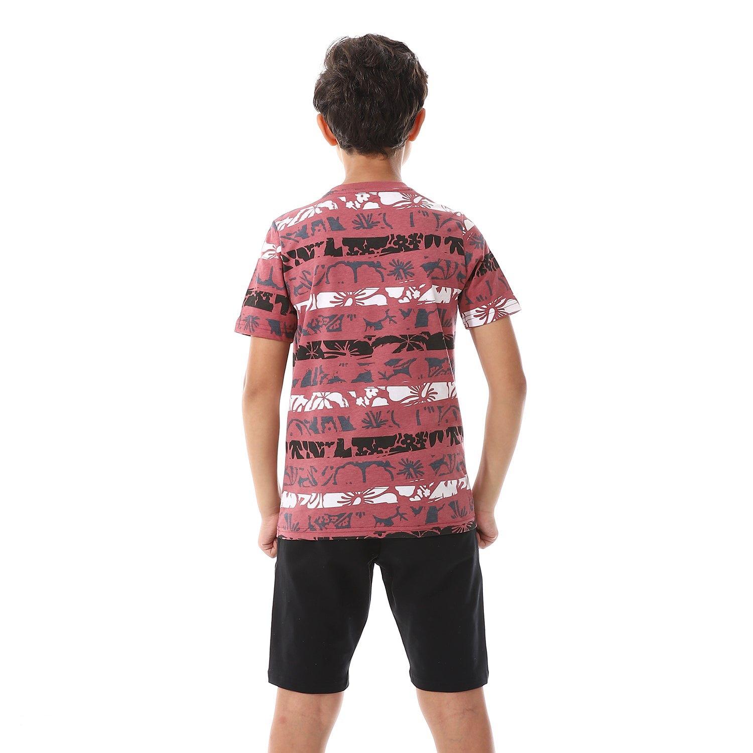 Boys Tri-Tone Floral & Short Pajama Set - Dark Red & Black