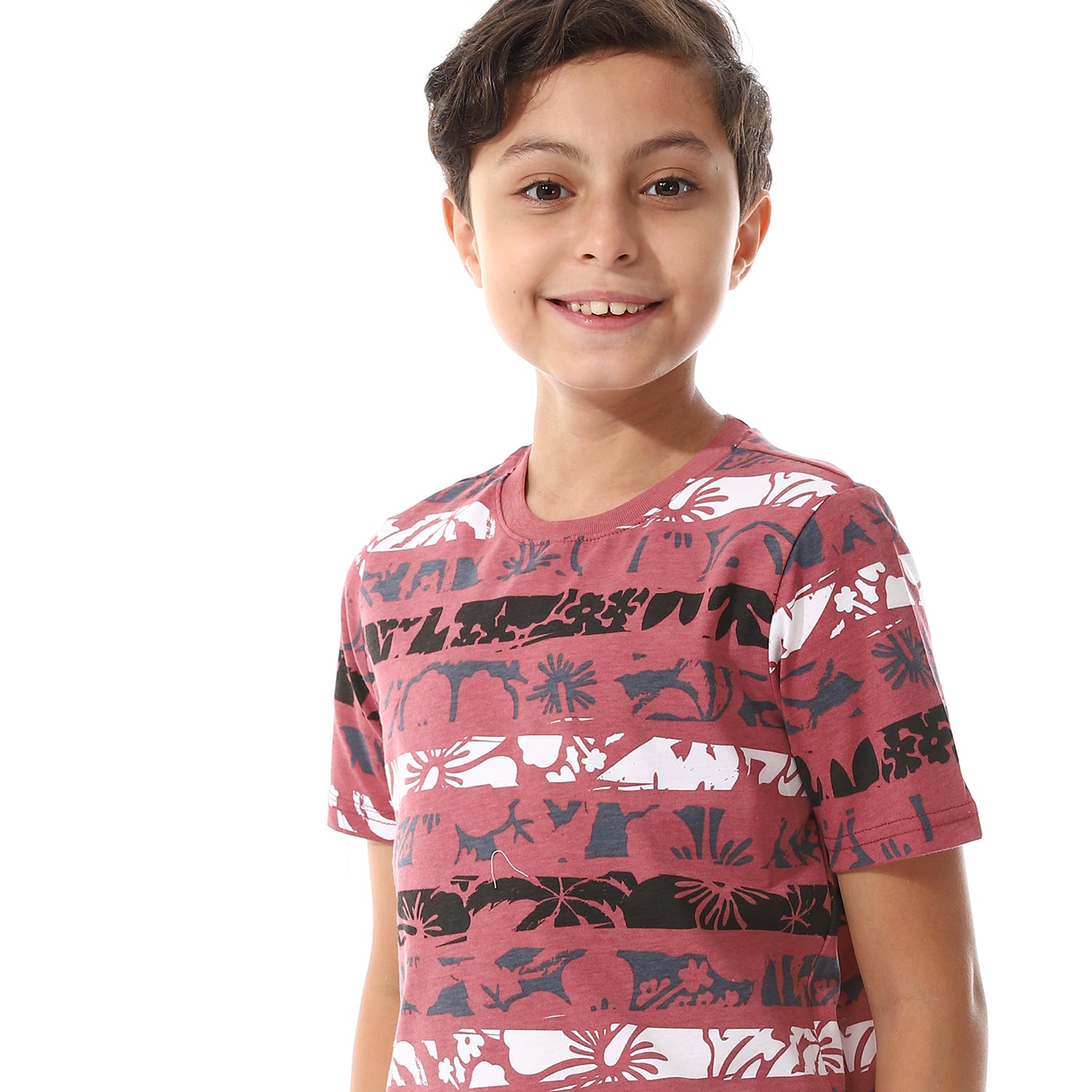 Boys Tri-Tone Floral & Short Pajama Set - Dark Red & Black