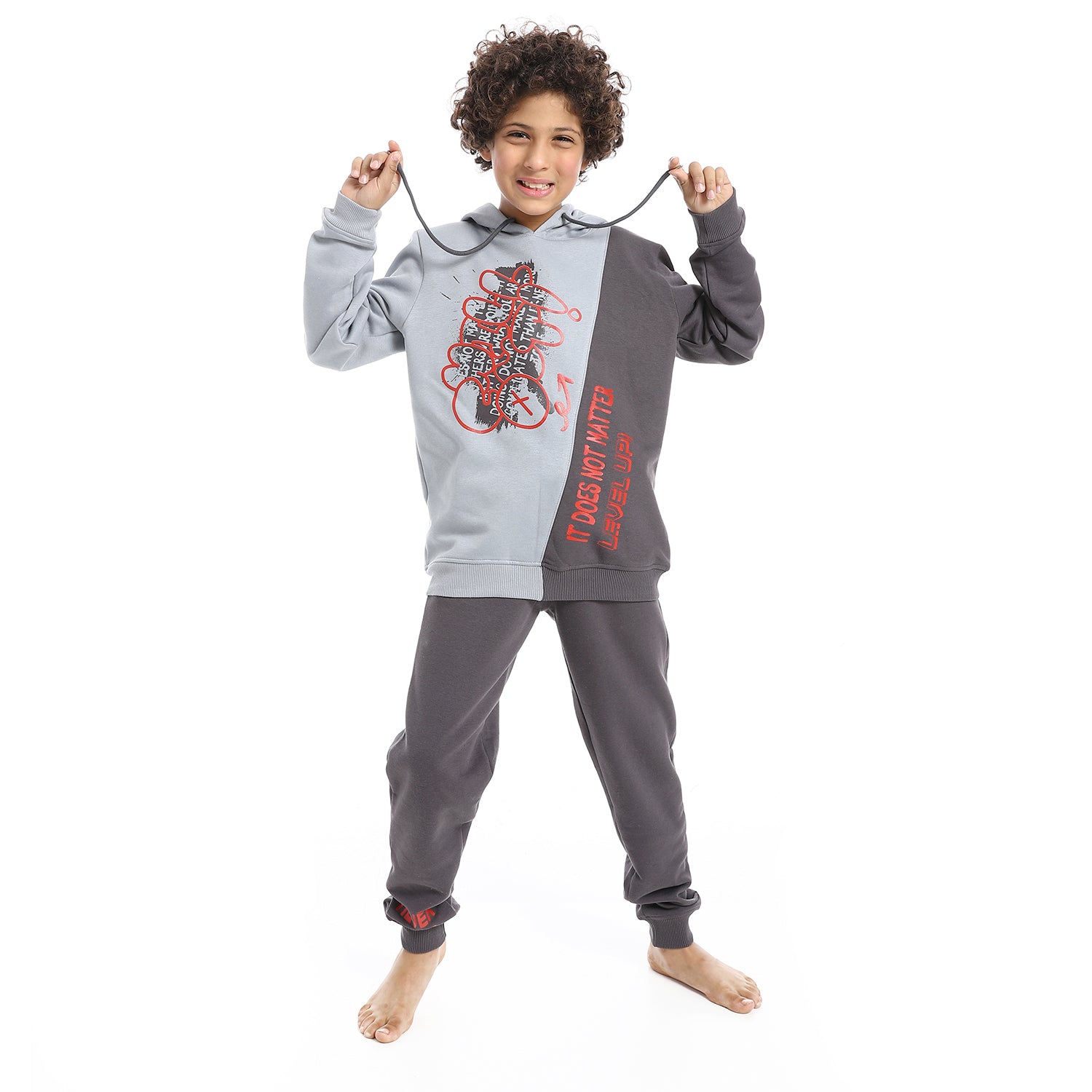 Red Cotton Boys' Mixed Grey and Dark Grey Printed Hoodie and Dark Grey Pants Set - Cozy Winter Loungewear
