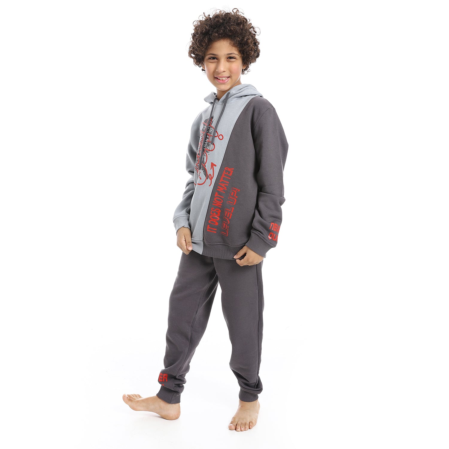 Red Cotton Boys' Mixed Grey and Dark Grey Printed Hoodie and Dark Grey Pants Set - Cozy Winter Loungewear