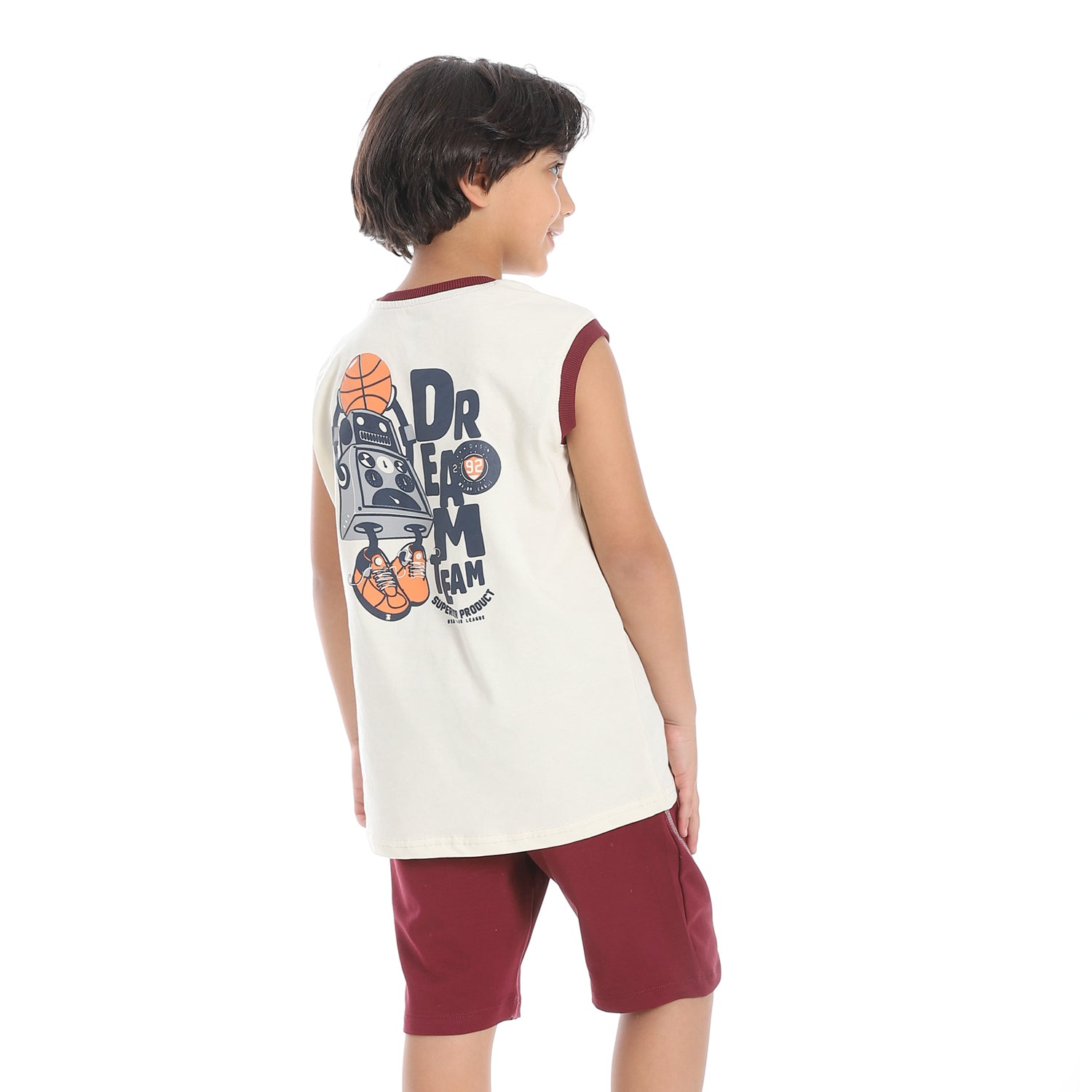 Boys' Summer Sports Set – White T-Shirt & Printed Dark Red Shorts