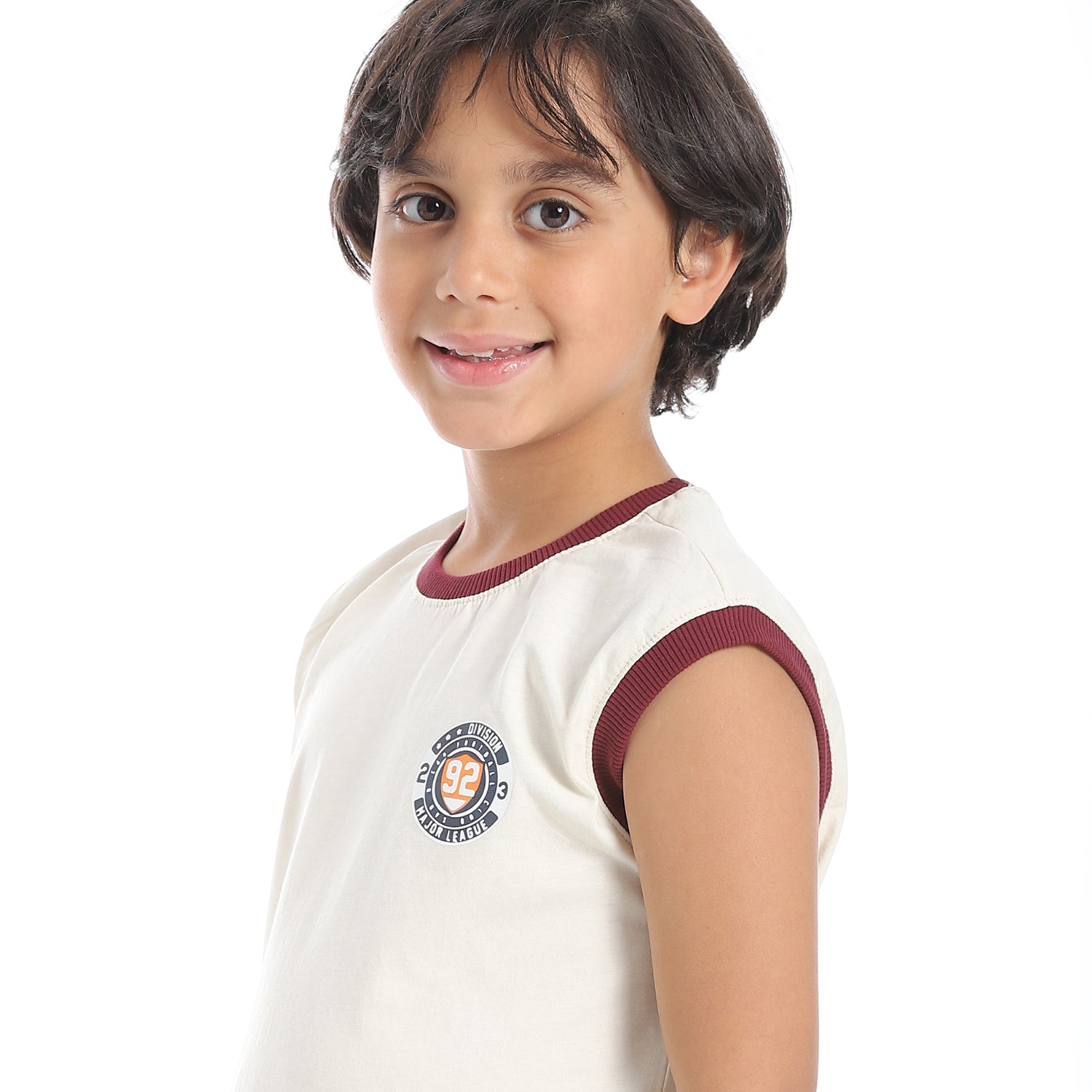Boys' Summer Sports Set – White T-Shirt & Printed Dark Red Shorts