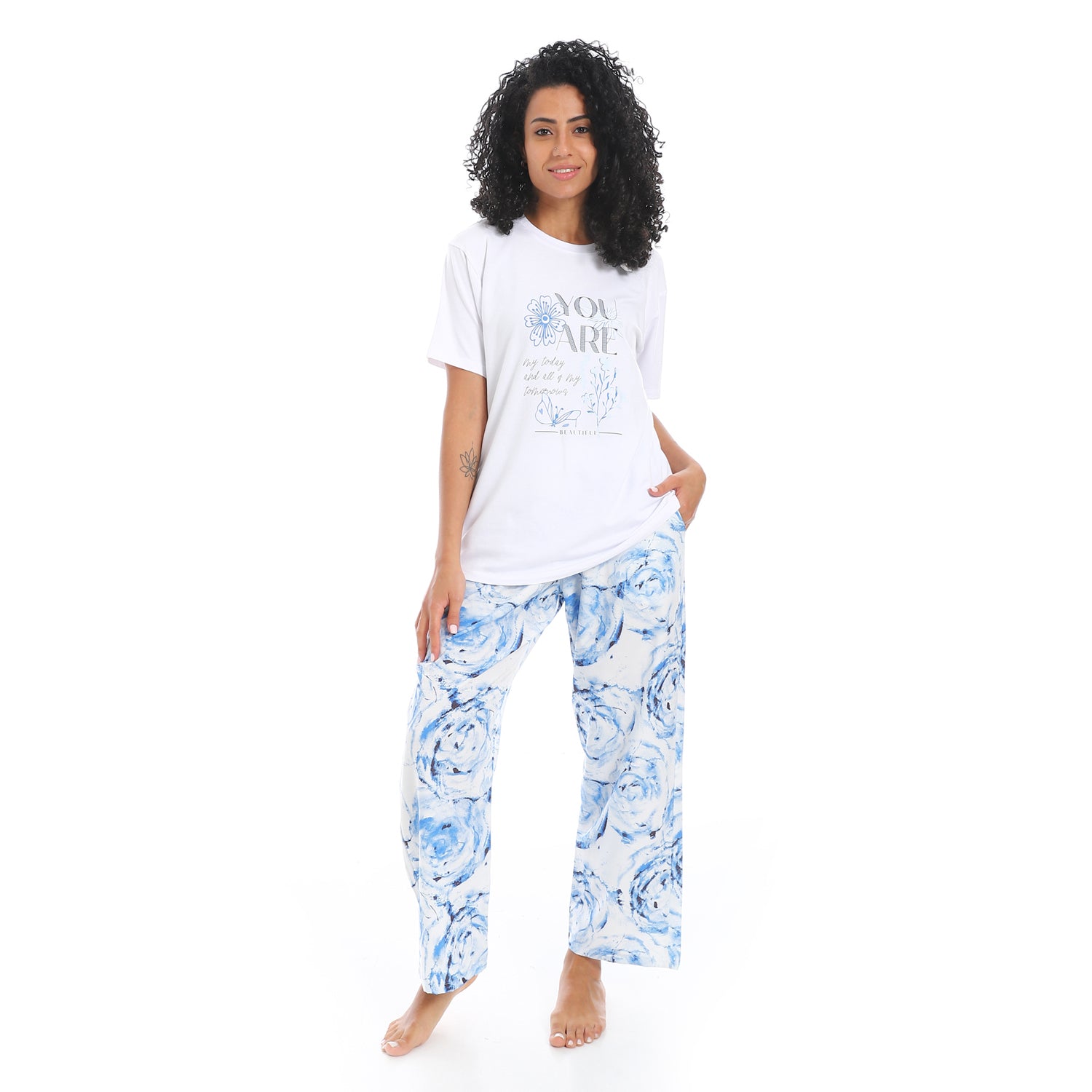 Women's Summer Pajama - Floral Pants - Blue