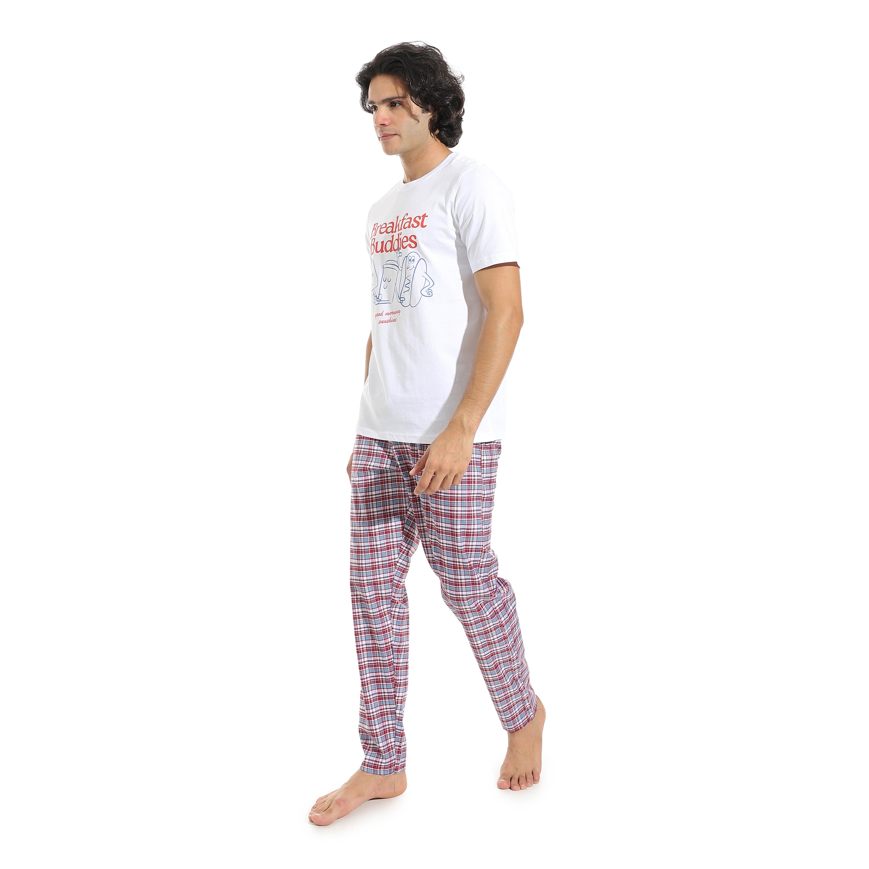 Men's Cotton Pajama Set – White Round neck T-Shirt & Red Checkered Pants