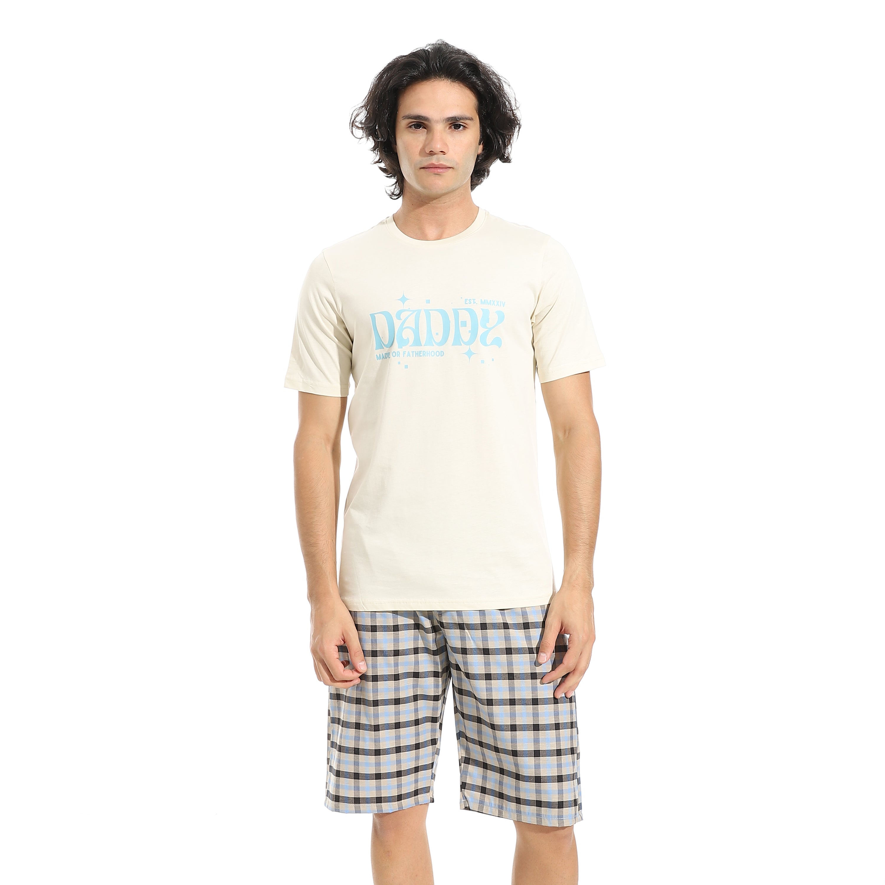 Men's Cotton Pajama Set – Off white Round neck T-Shirt & Checkered Short