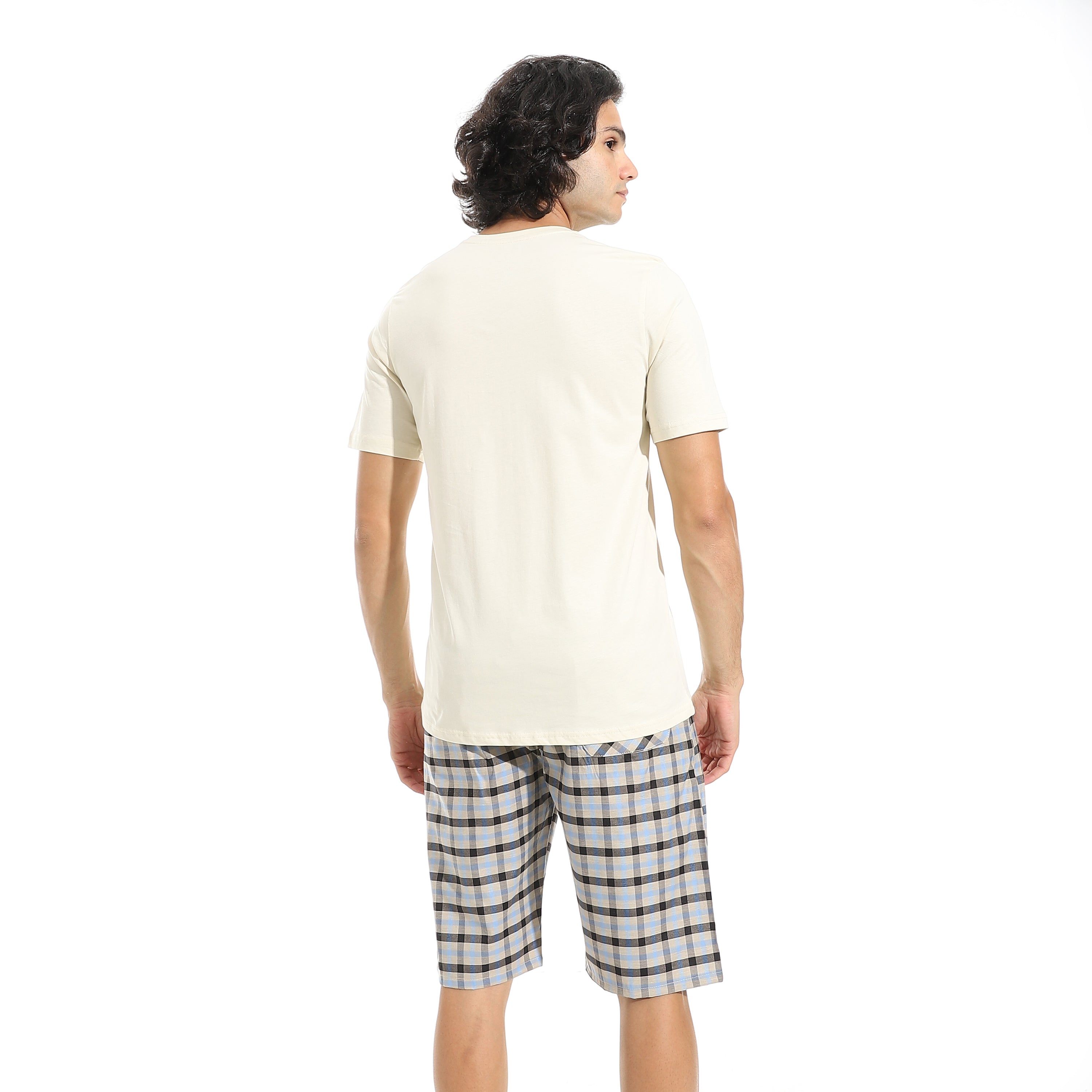 Men's Cotton Pajama Set – Off white Round neck T-Shirt & Checkered Short