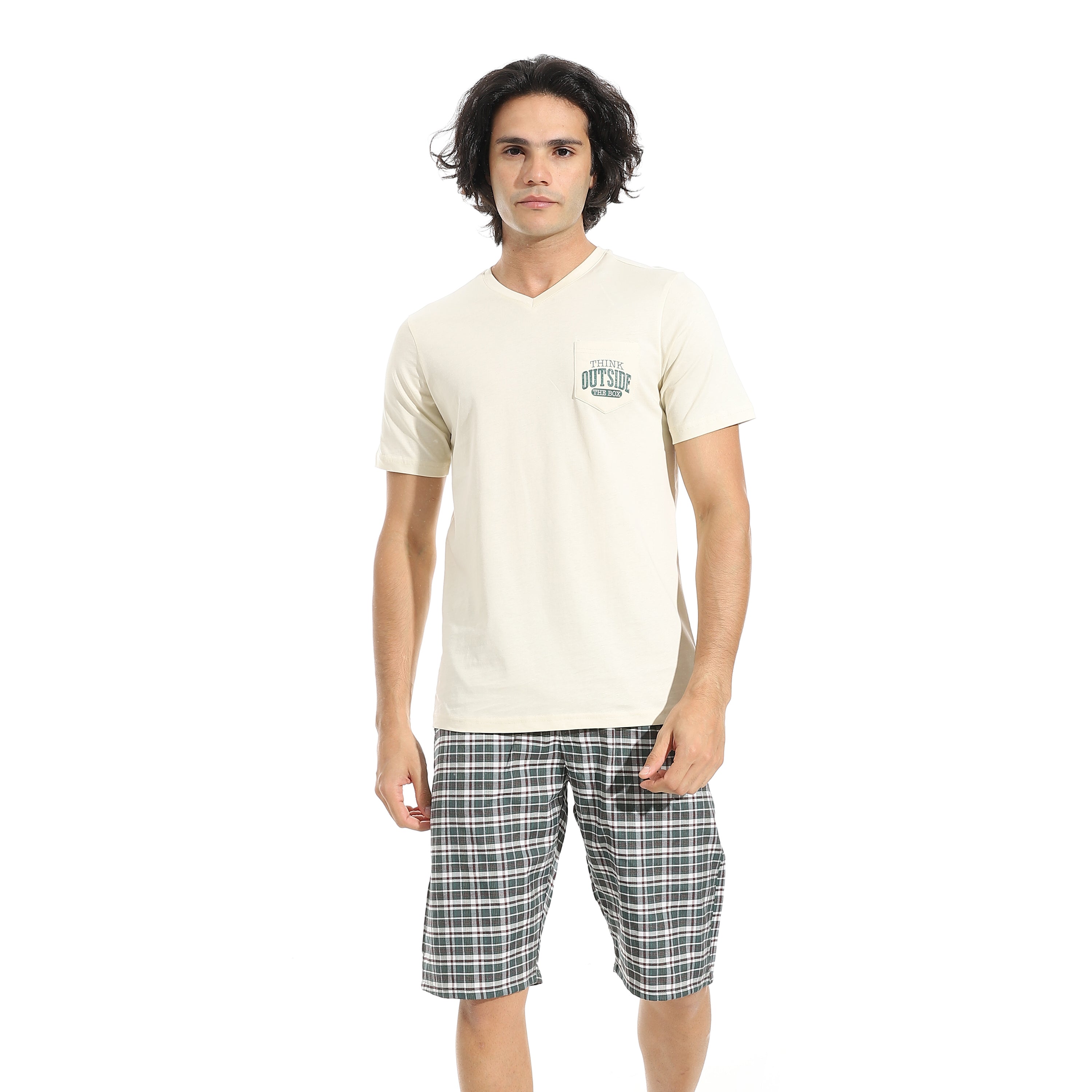 Men's Cotton Pajama Set – Off white V-Neck T-Shirt & Checkered Short