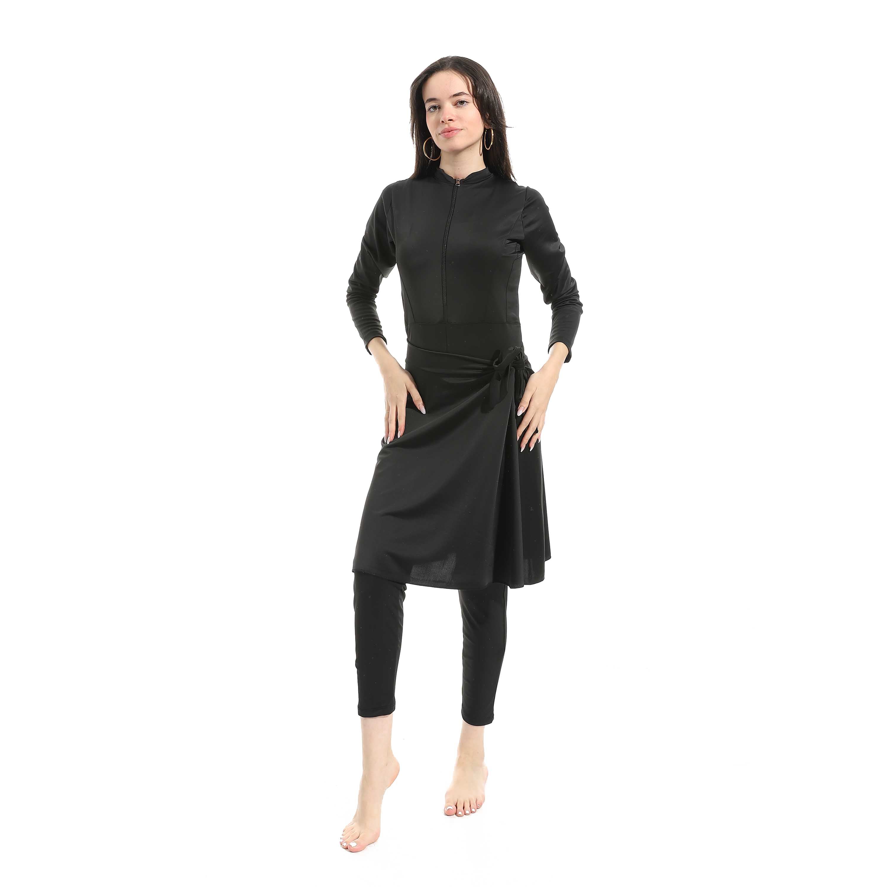 Women's Modest Swimwear Set - Long Sleeve Zip-Up Top with Sarong and Leggings - Black