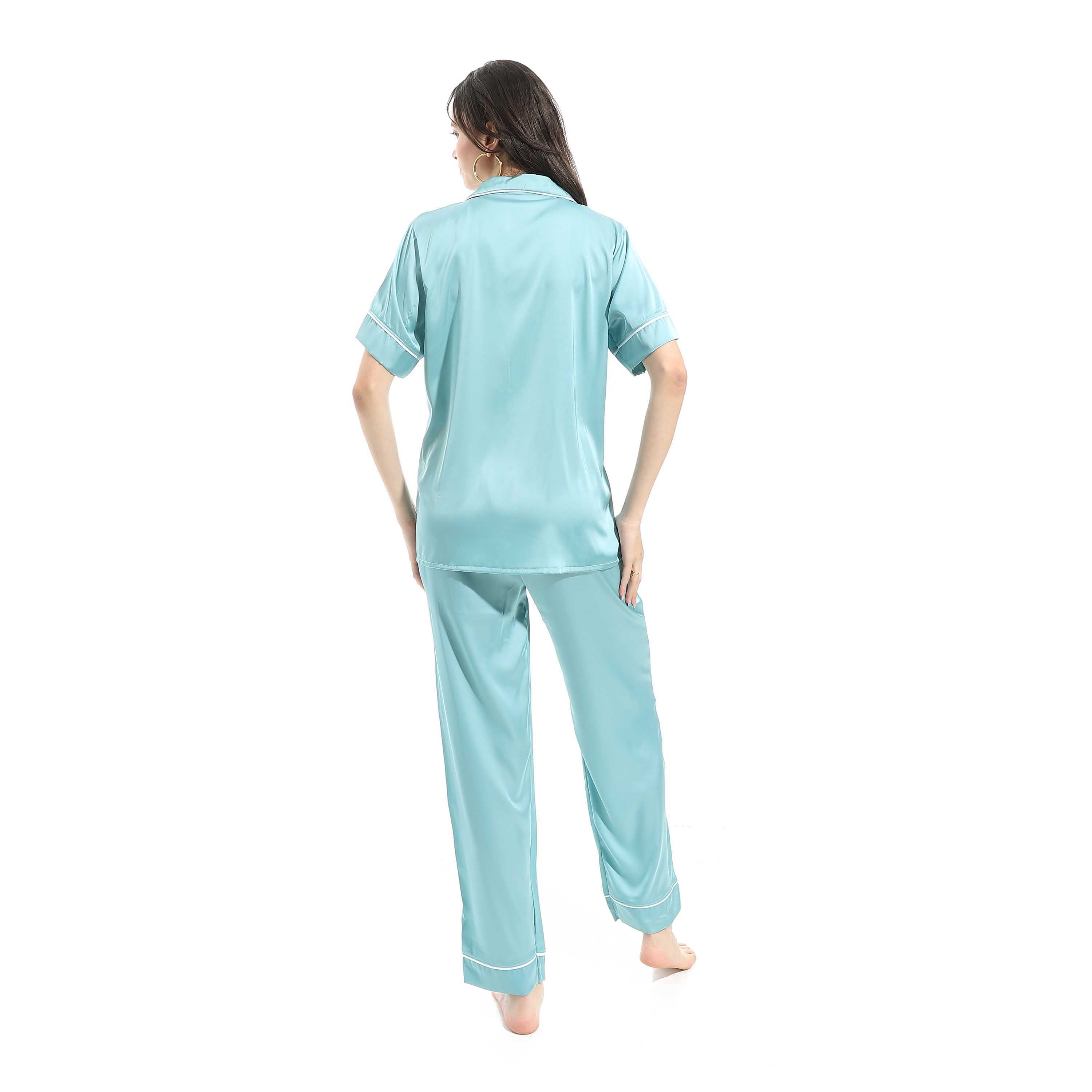 Elegant Satin Women Pajama Set - Blue