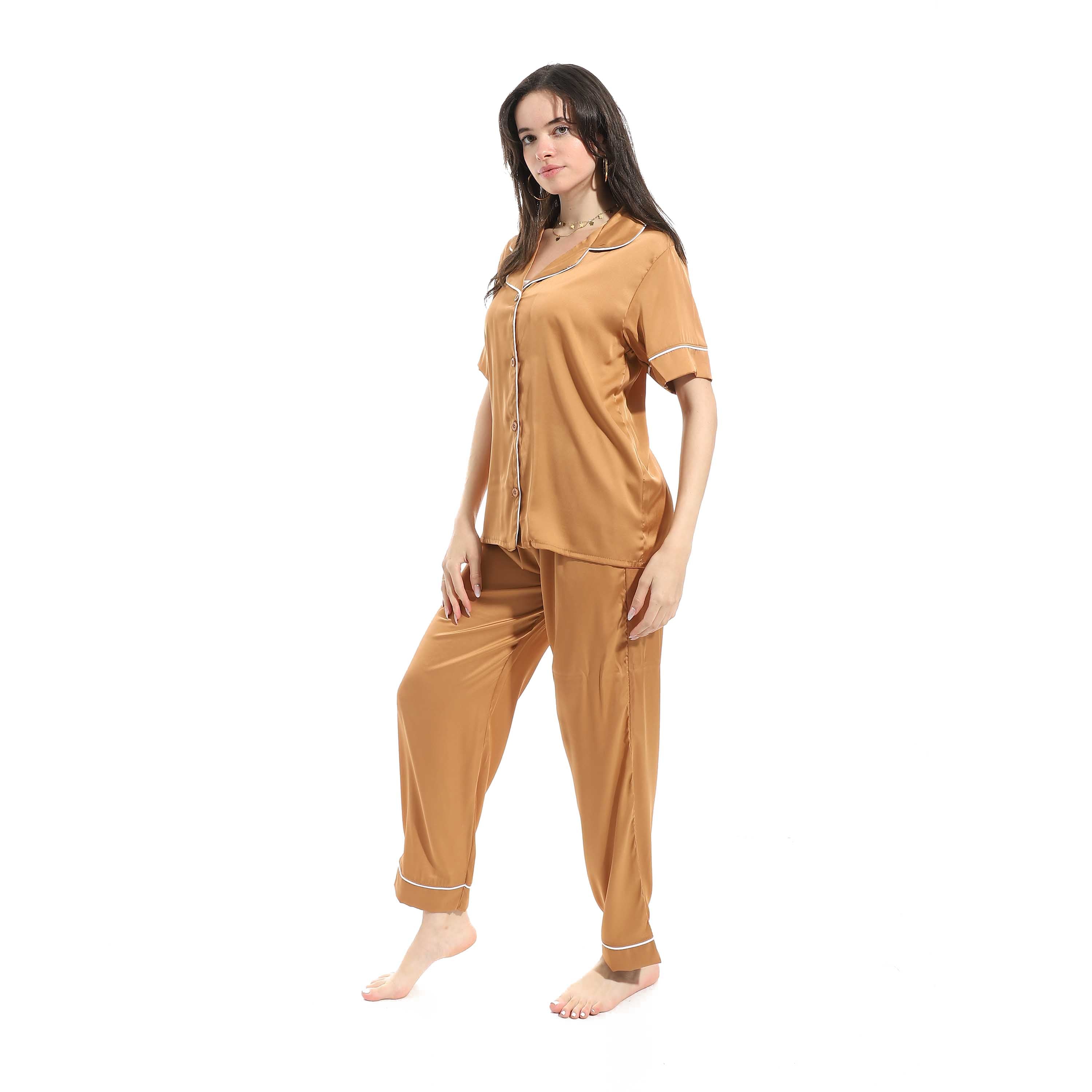 Elegant Satin Women Pajama Set - Camel