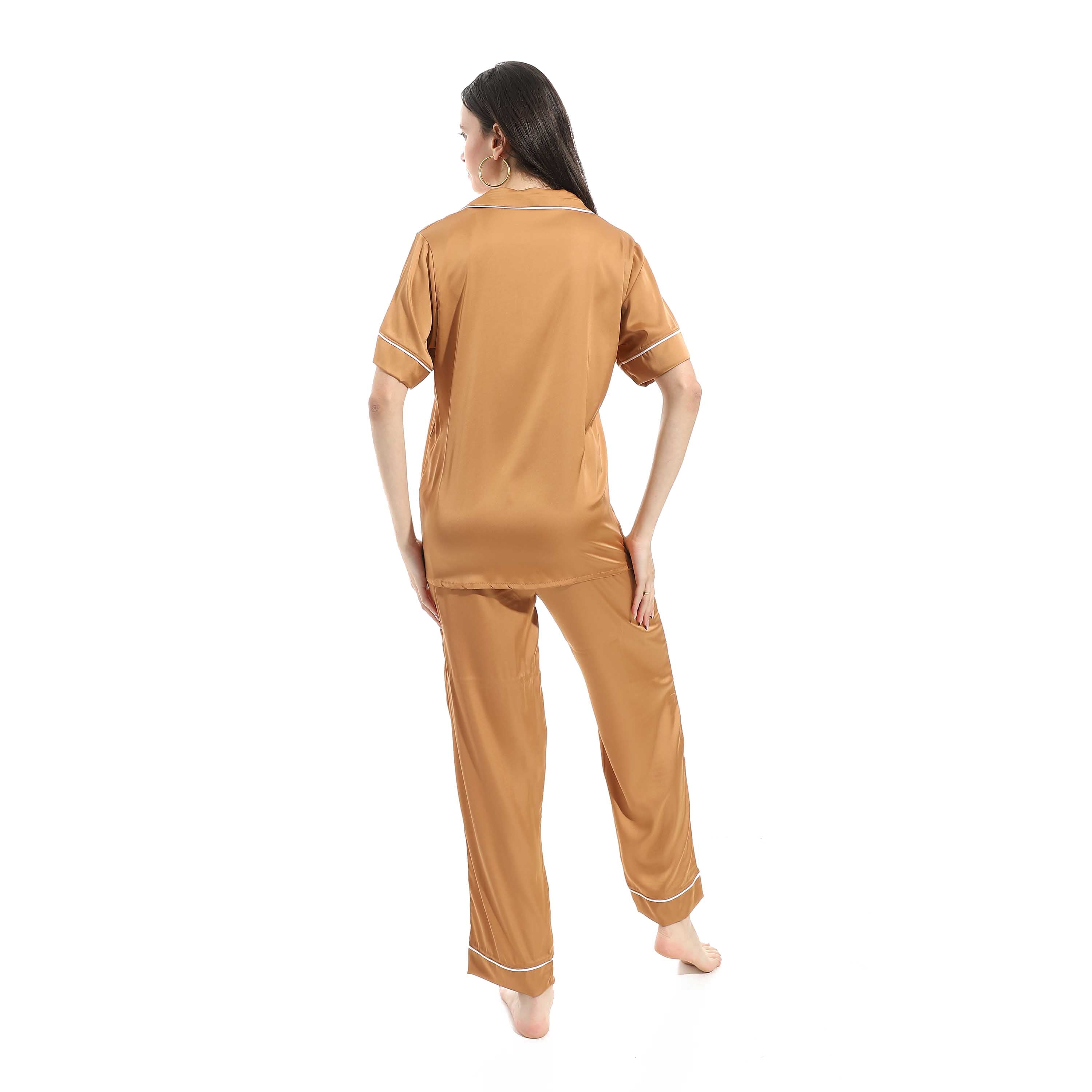 Elegant Satin Women Pajama Set - Camel
