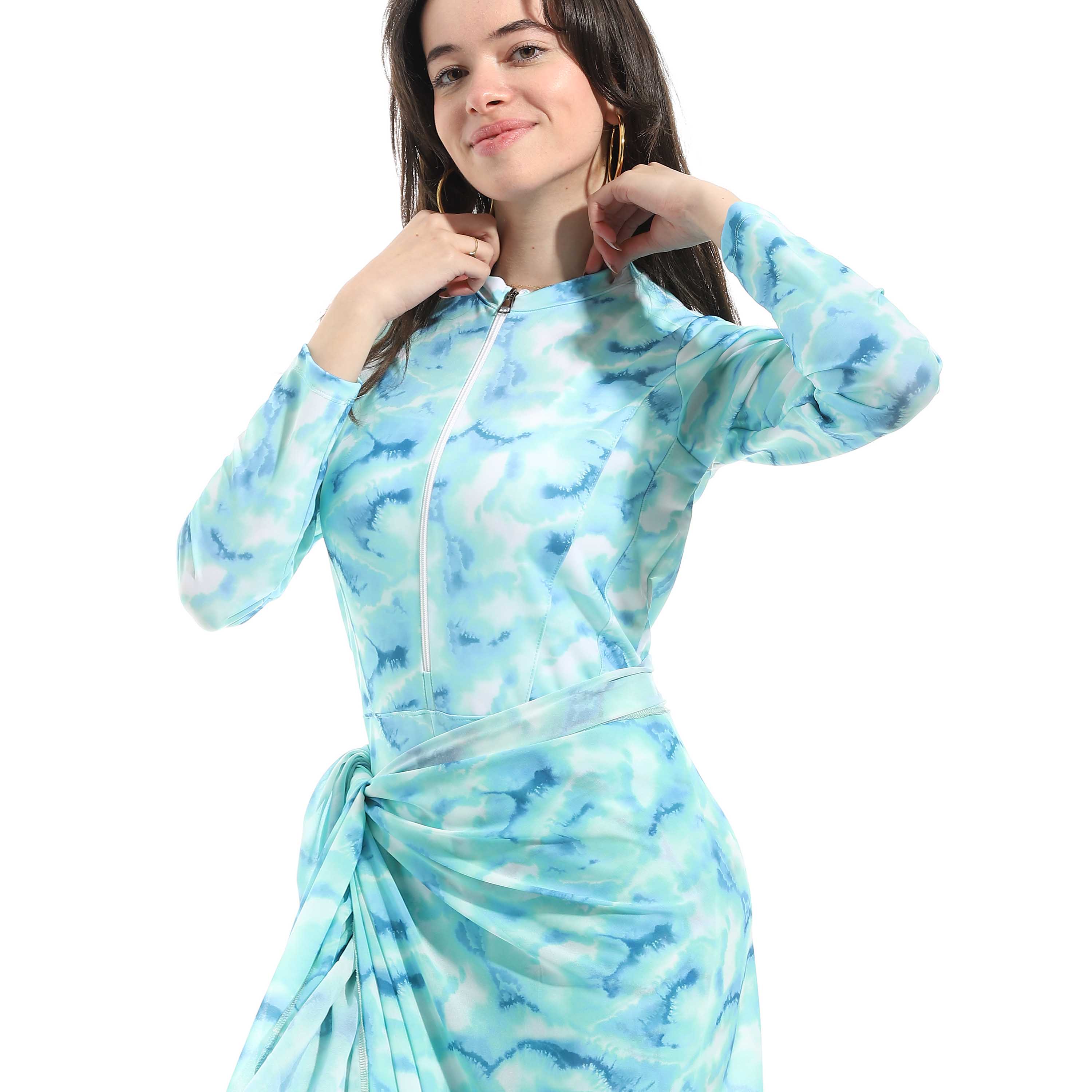 Women's Modest Swimwear Set - Long Sleeve Zip-Up Top with Sarong and Leggings (Blue Marble )