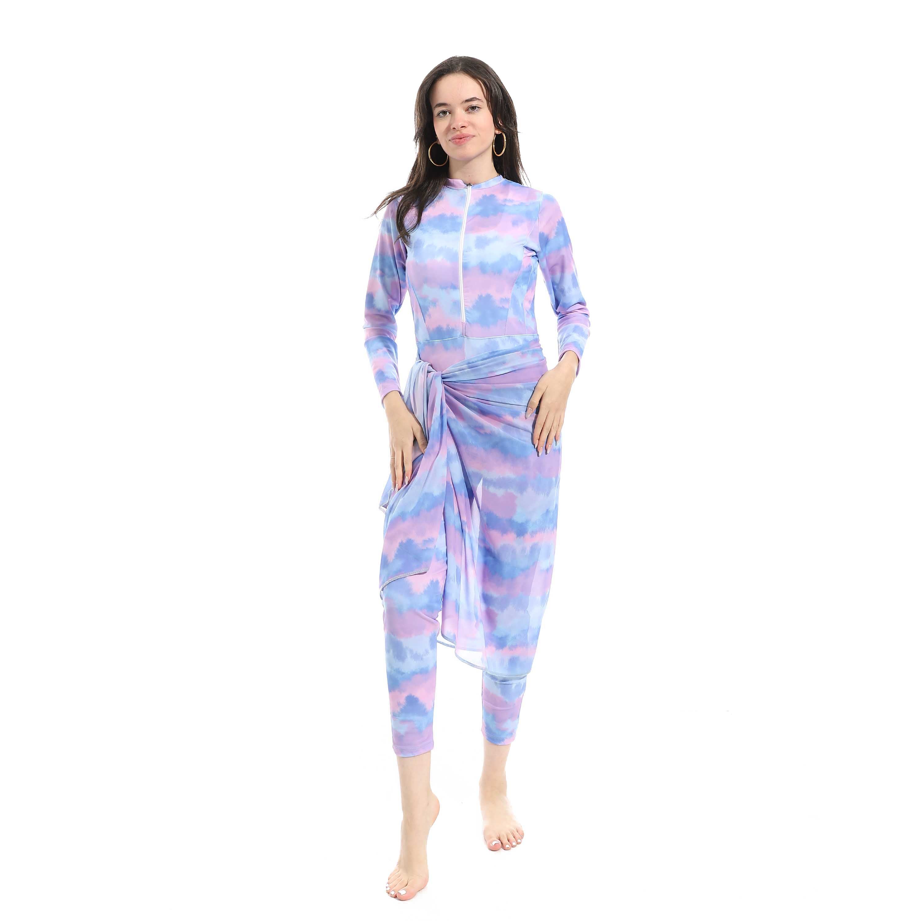 Women's Modest Swimwear Set - Long Sleeve Zip-Up Top with Sarong and Leggings (Purple Marble Tie-Dye)