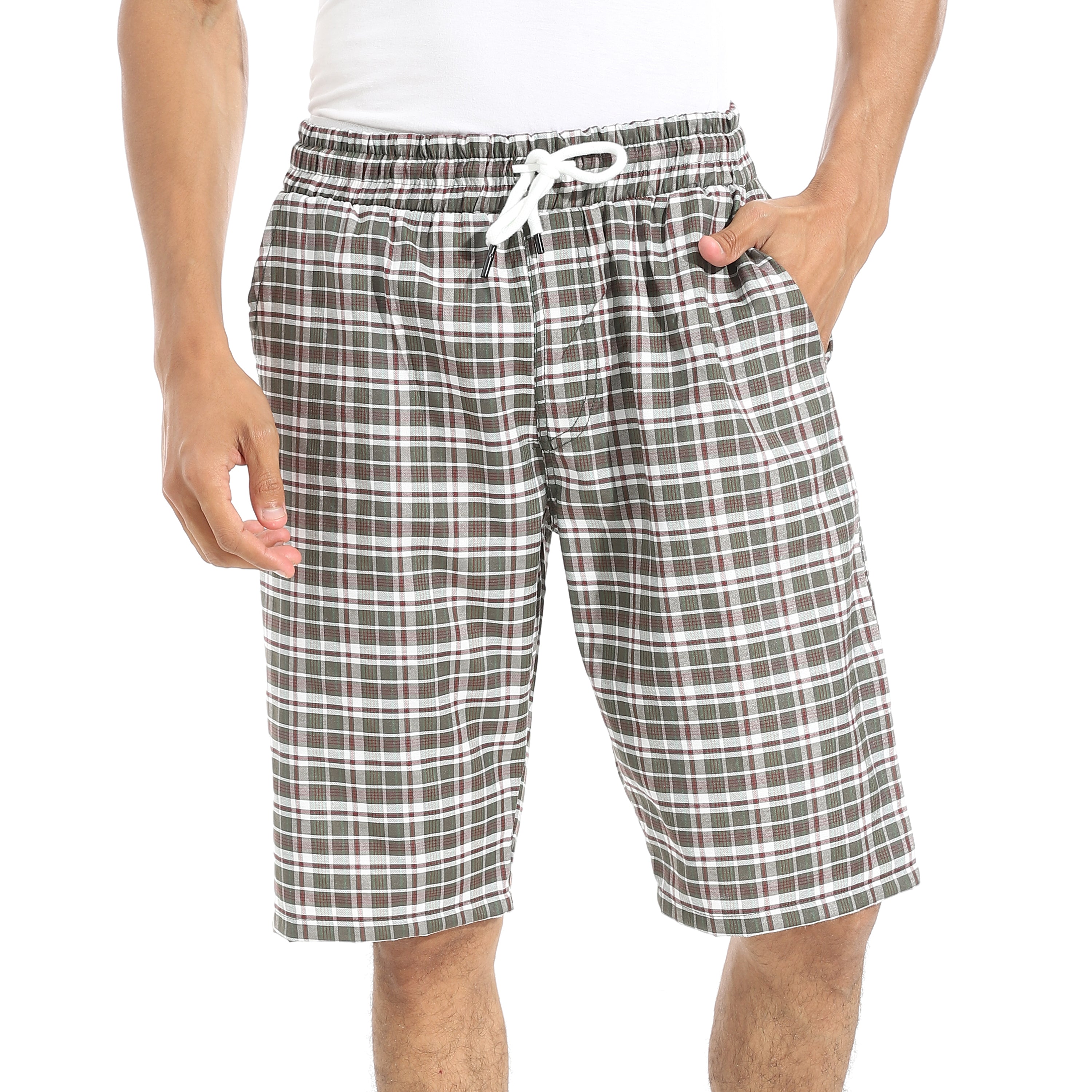 Men's Olive Gingham Check Lounge Shorts with Drawstring Waist