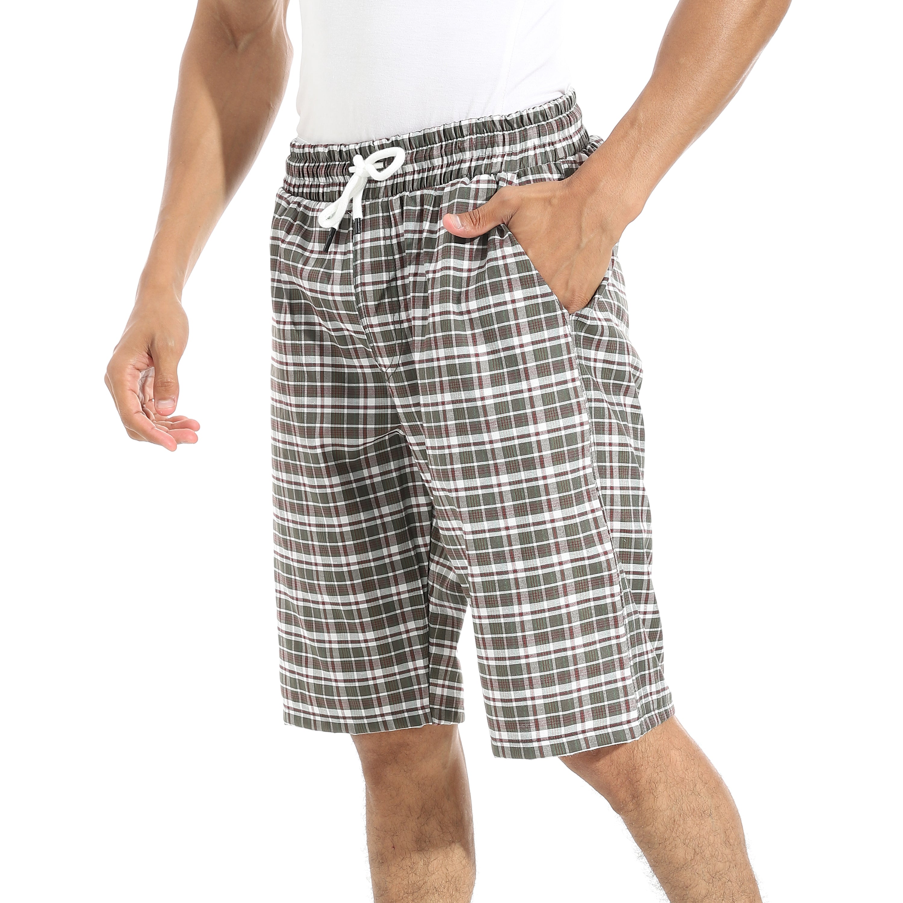Men's Olive Gingham Check Lounge Shorts with Drawstring Waist