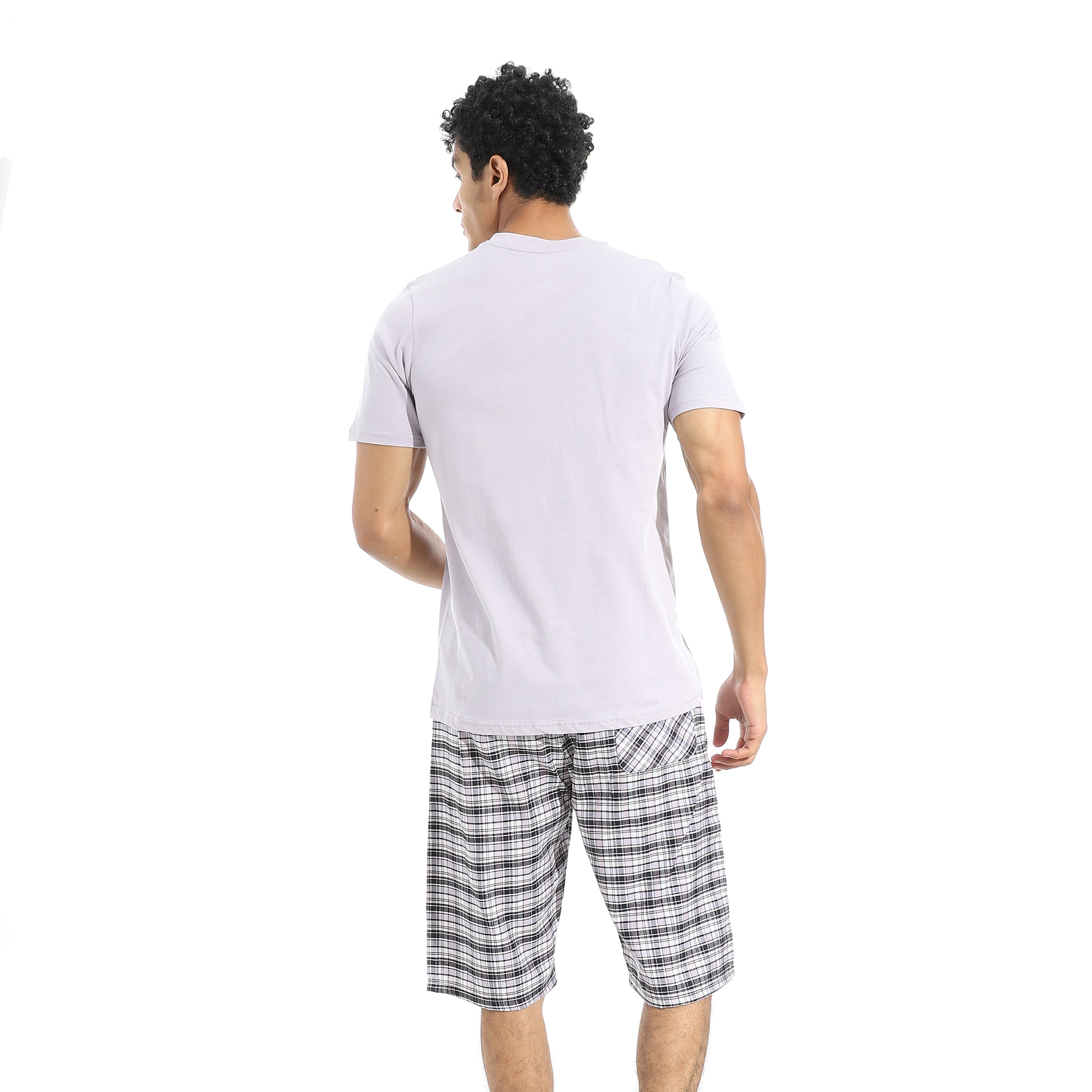 Men’s Cotton Pajama Set – Lavender Henley T-Shirt with Black & White Checkered Short
