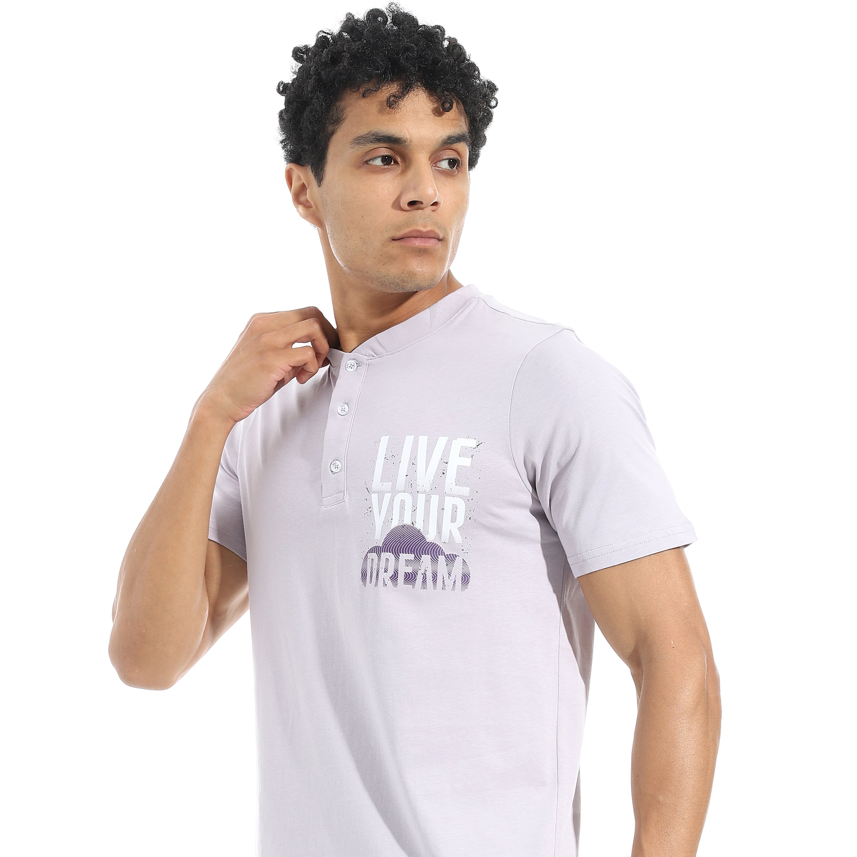 Men’s Cotton Pajama Set – Lavender Henley T-Shirt with Black & White Checkered Short