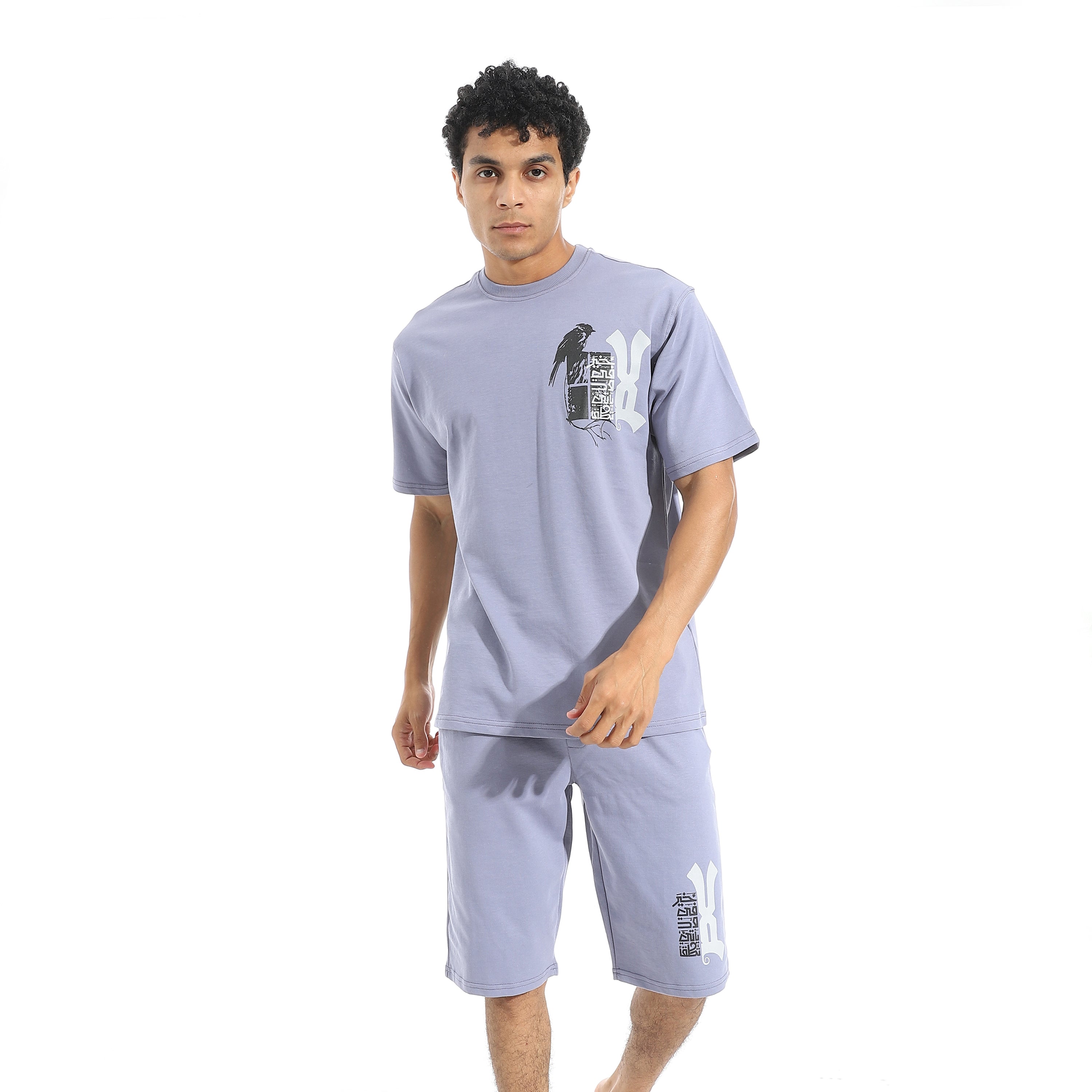 Men's Relaxed Fit Lavender Lounge Short Set with Bold Side Print