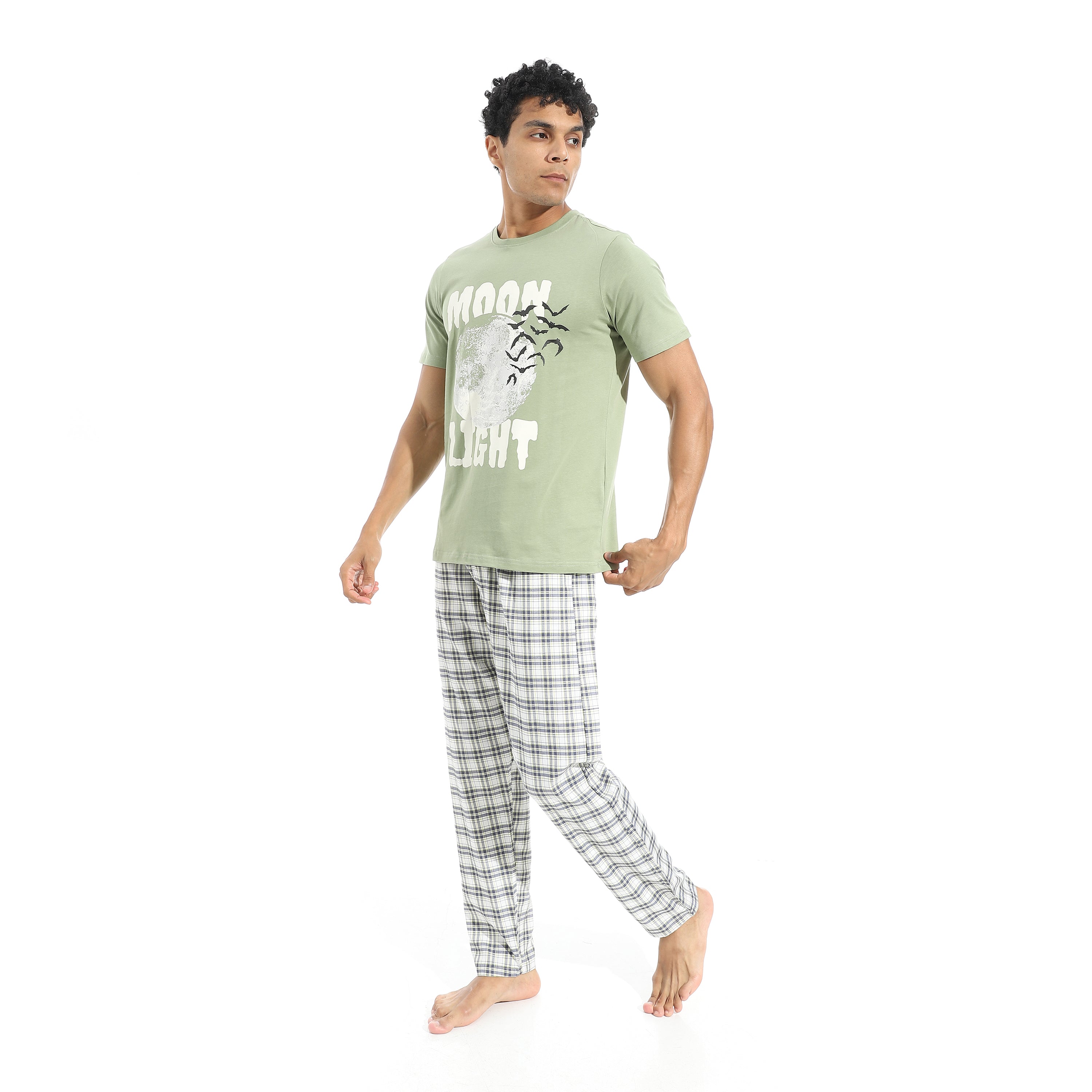 Men's Cotton Pajama Set – Olive Round neck T-Shirt & Red Checkered Pants
