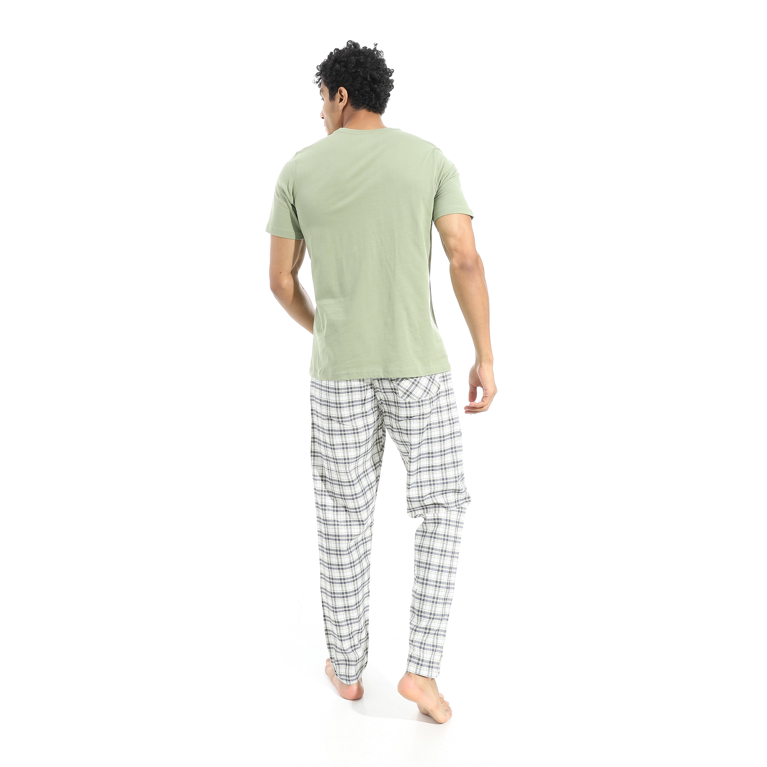 Men's Cotton Pajama Set – Olive Round neck T-Shirt & Red Checkered Pants