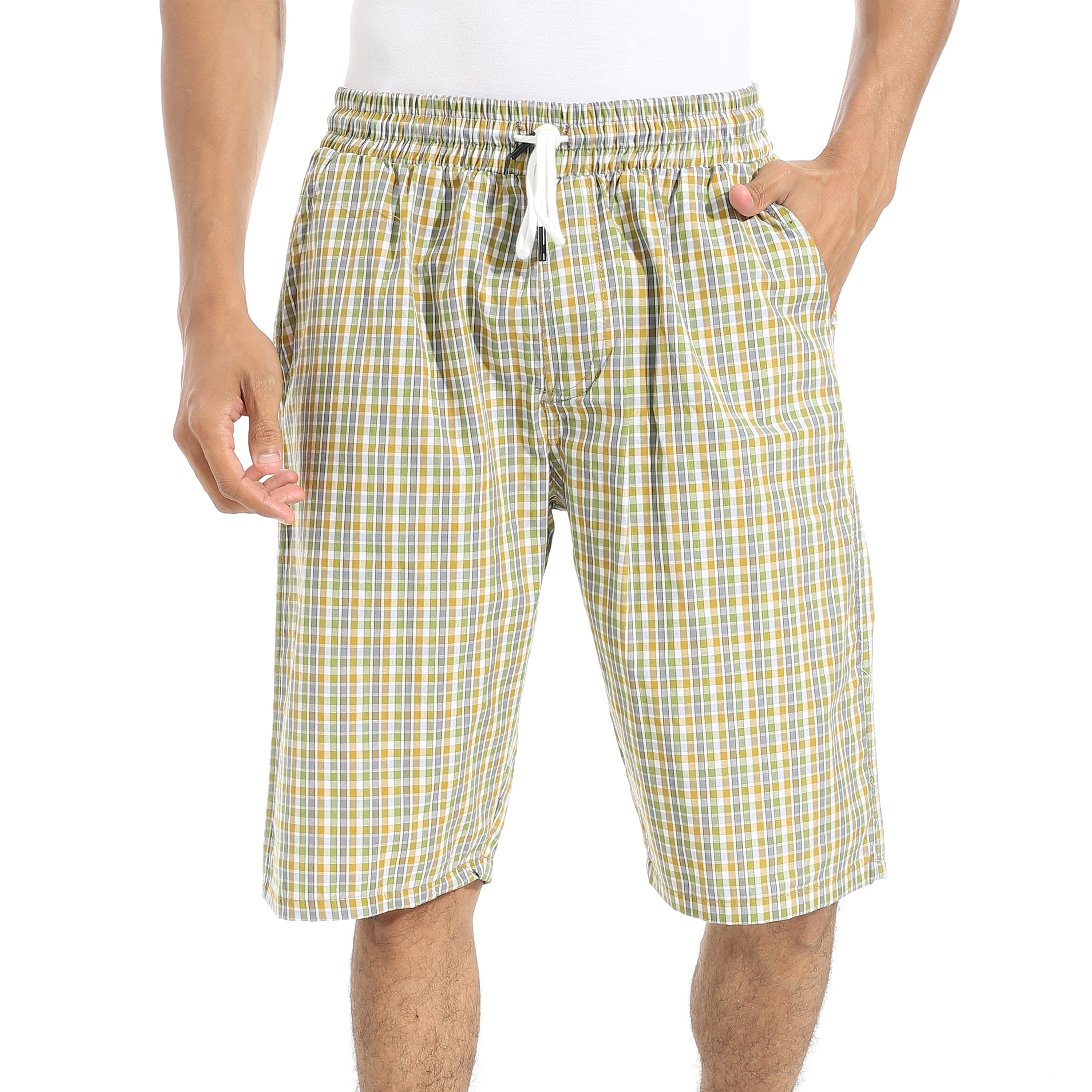 Men's Mustard Gingham Check Lounge Shorts with Drawstring Waist