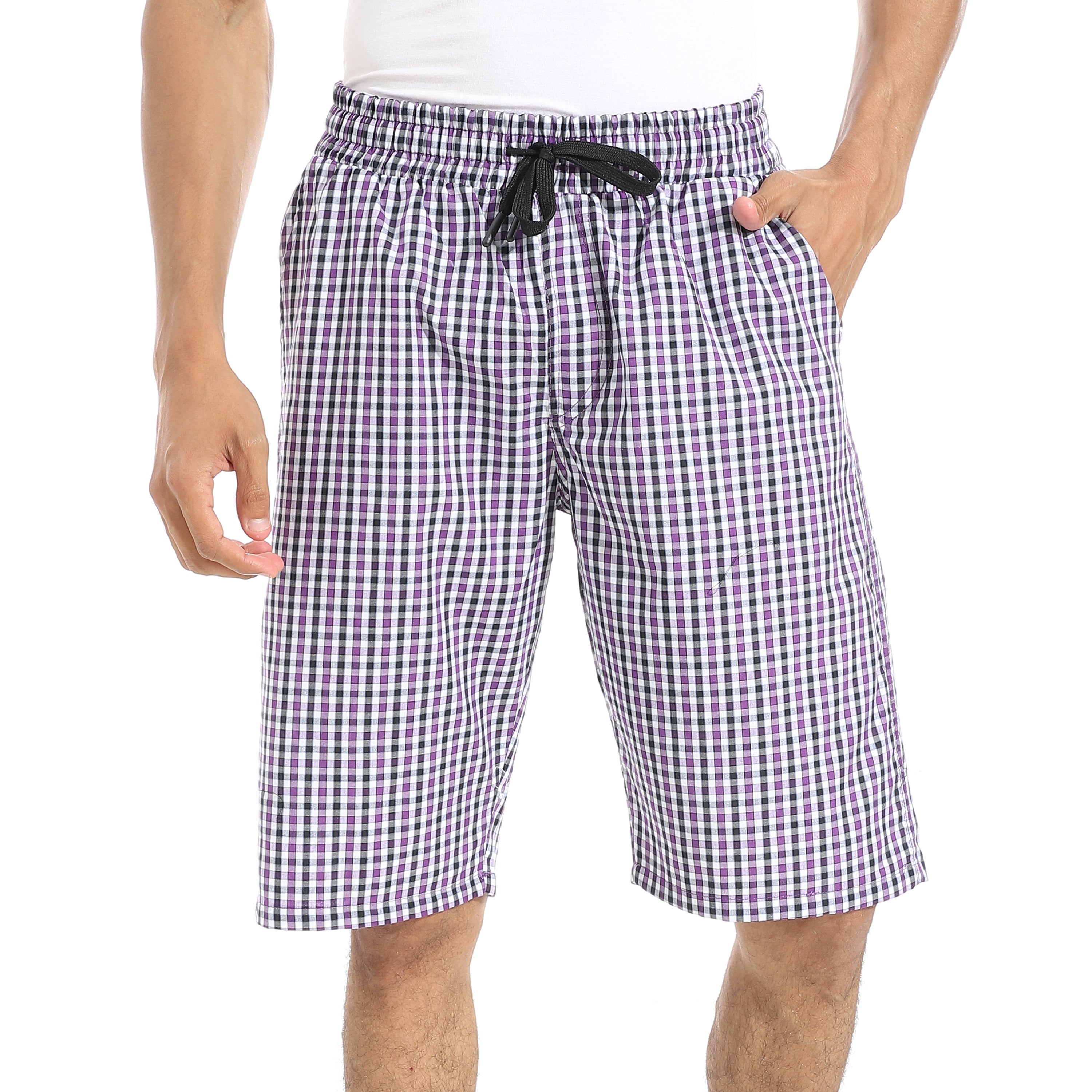 Men's Purple Gingham Check Lounge Shorts with Drawstring Waist