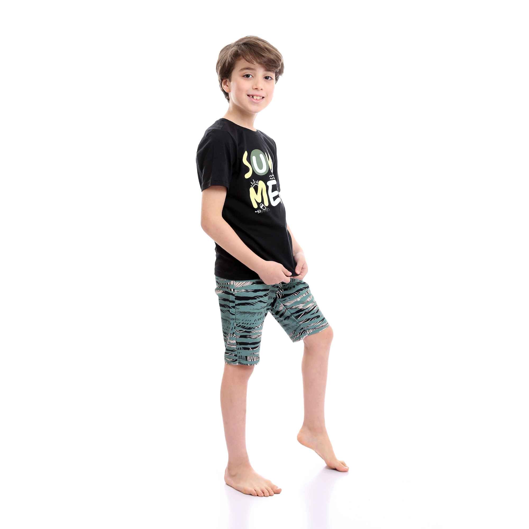 Boys Printed Colorful Summer & Shorts Pajama Set - Black & Mint Green