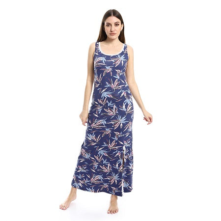 Patterned Sleeveless Long Nightgown With Side Slit - Mauve