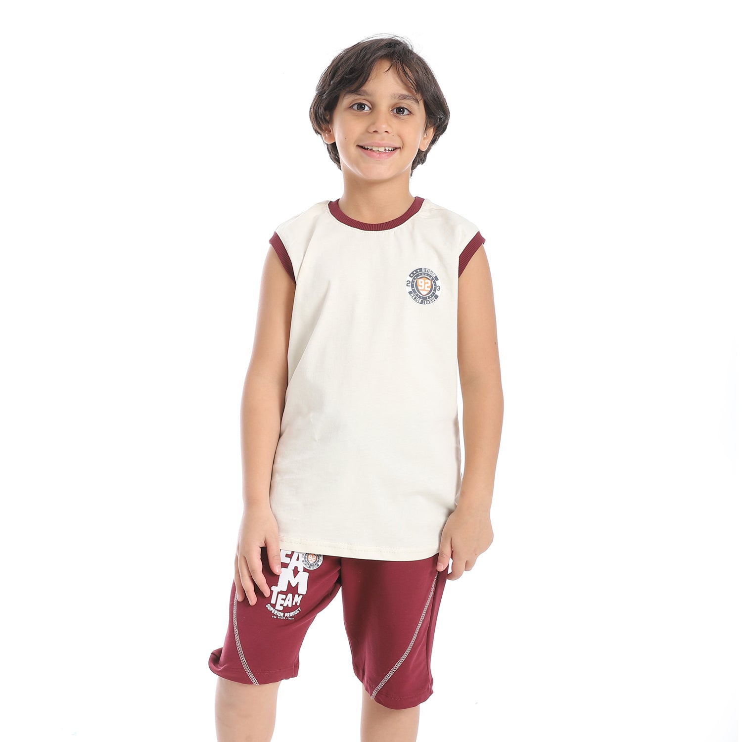 Boys' Summer Sports Set – White T-Shirt & Printed Dark Red Shorts