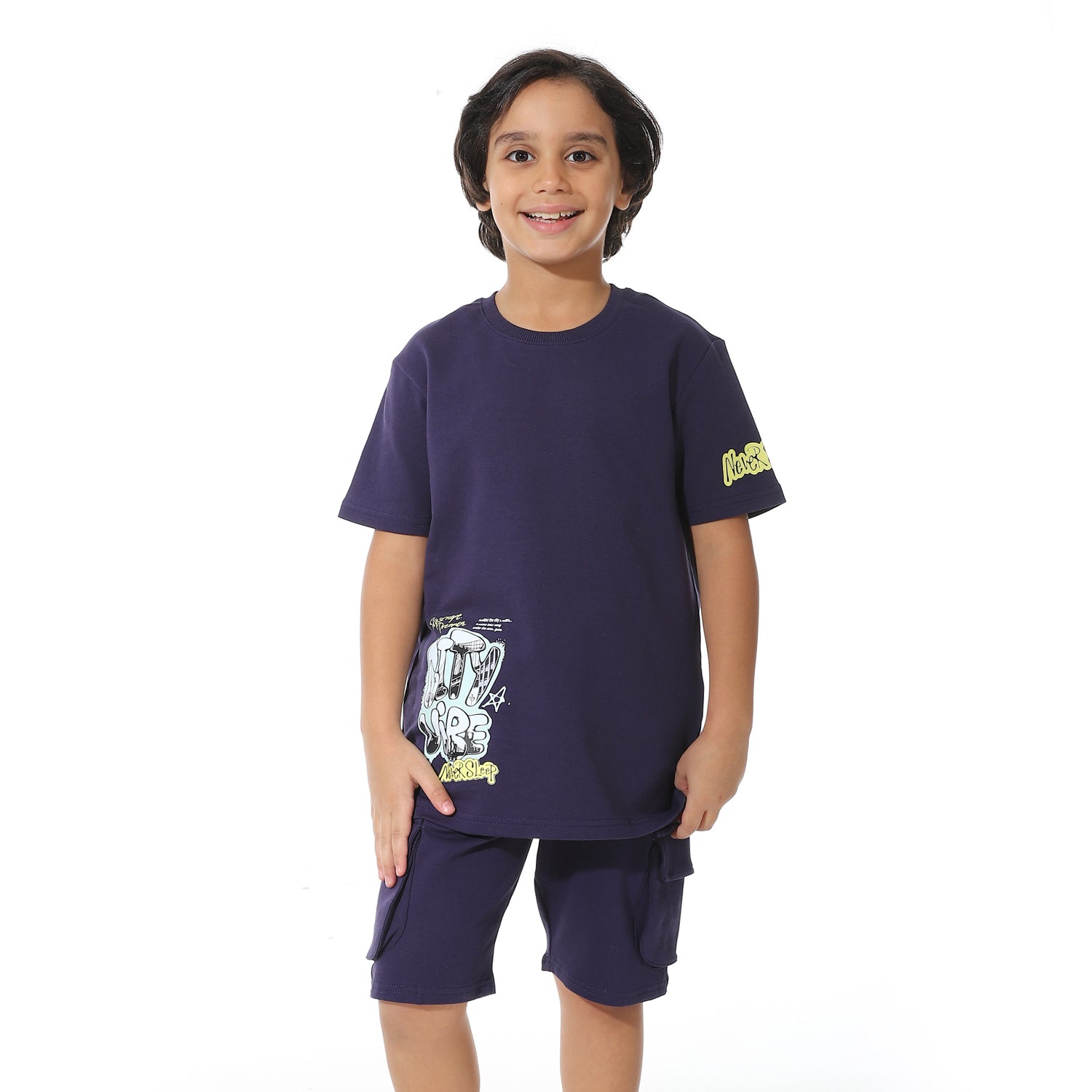 Navy Printed Cargo Shorts Set for Boys – Summer Melton Vibes