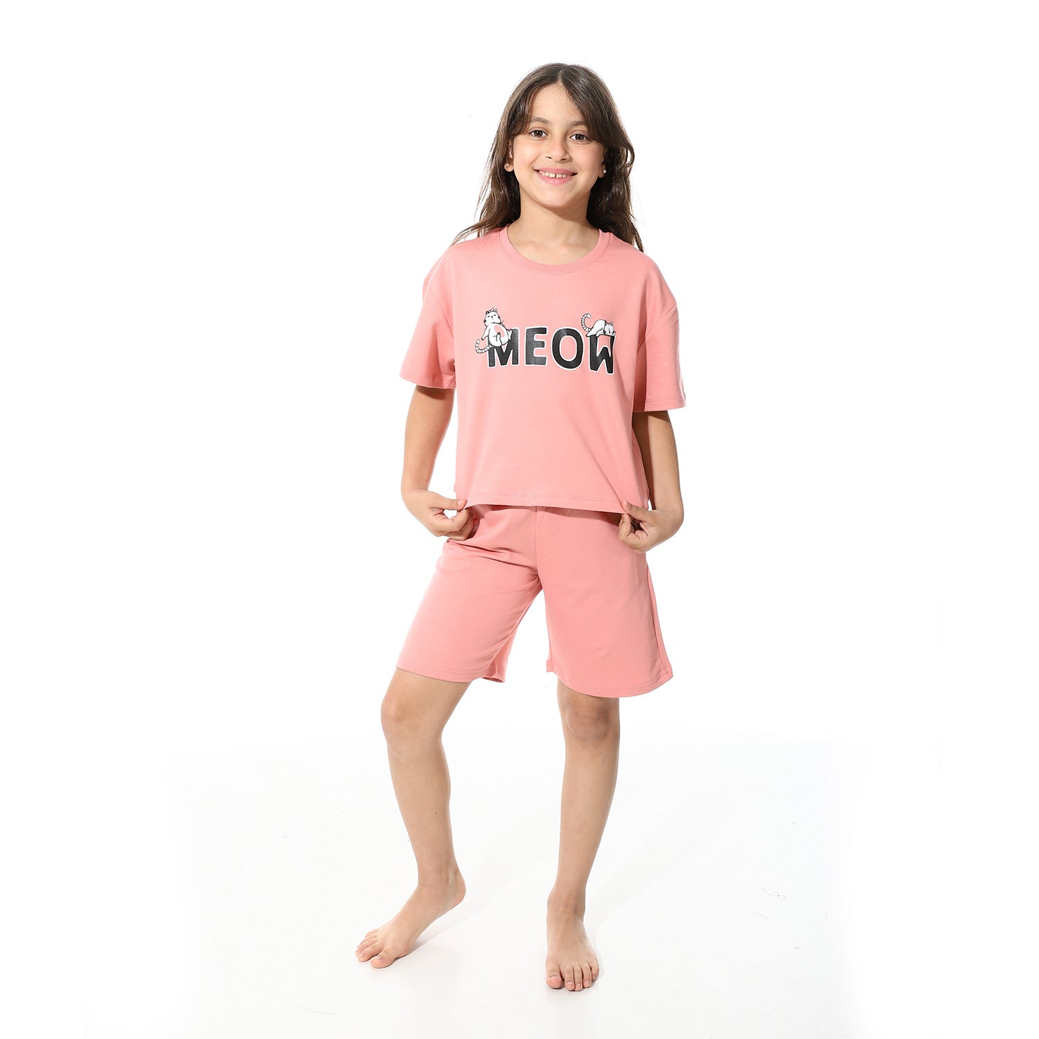 Girls’ Pink Meow Printed Short Set