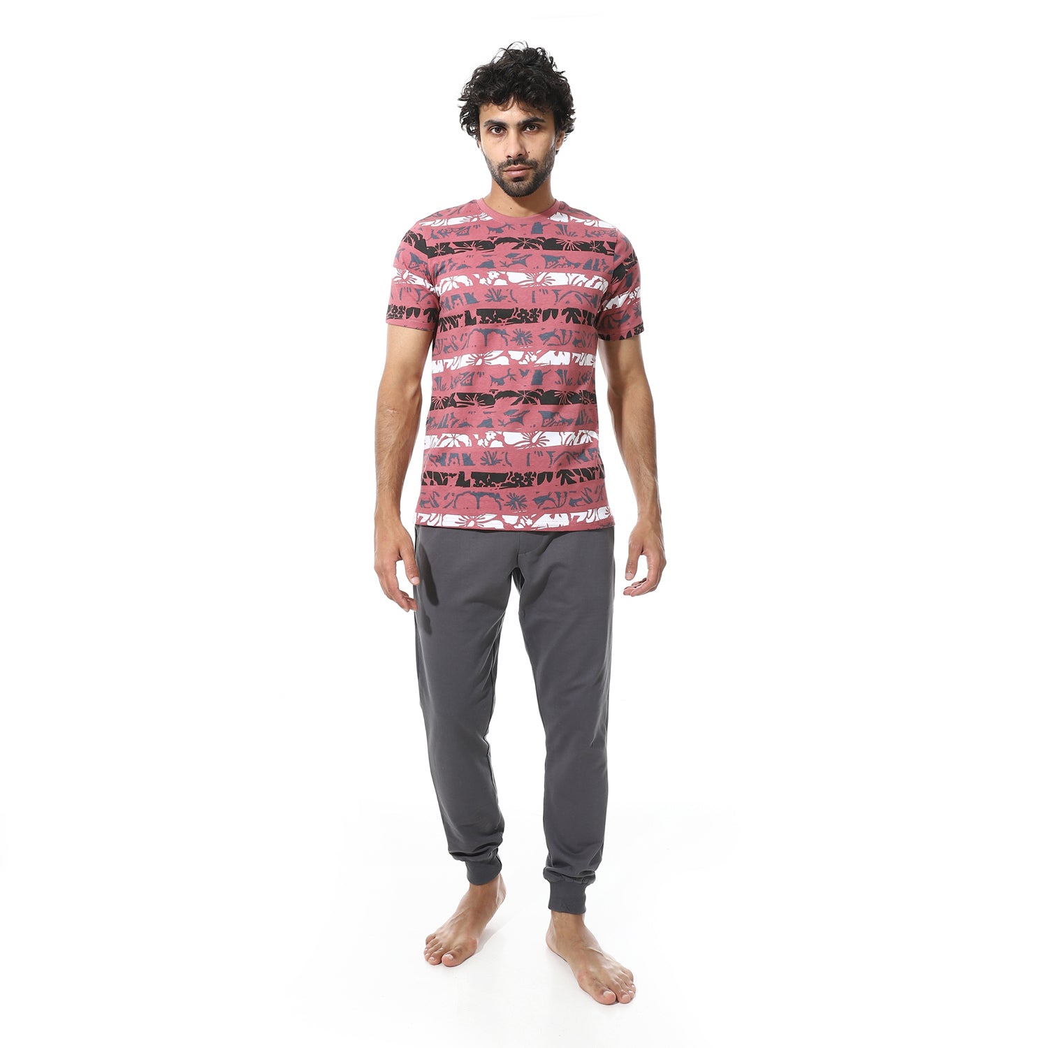 Printed Floral Tee & Solid Pants Pajama Set - Kashmir & Grey