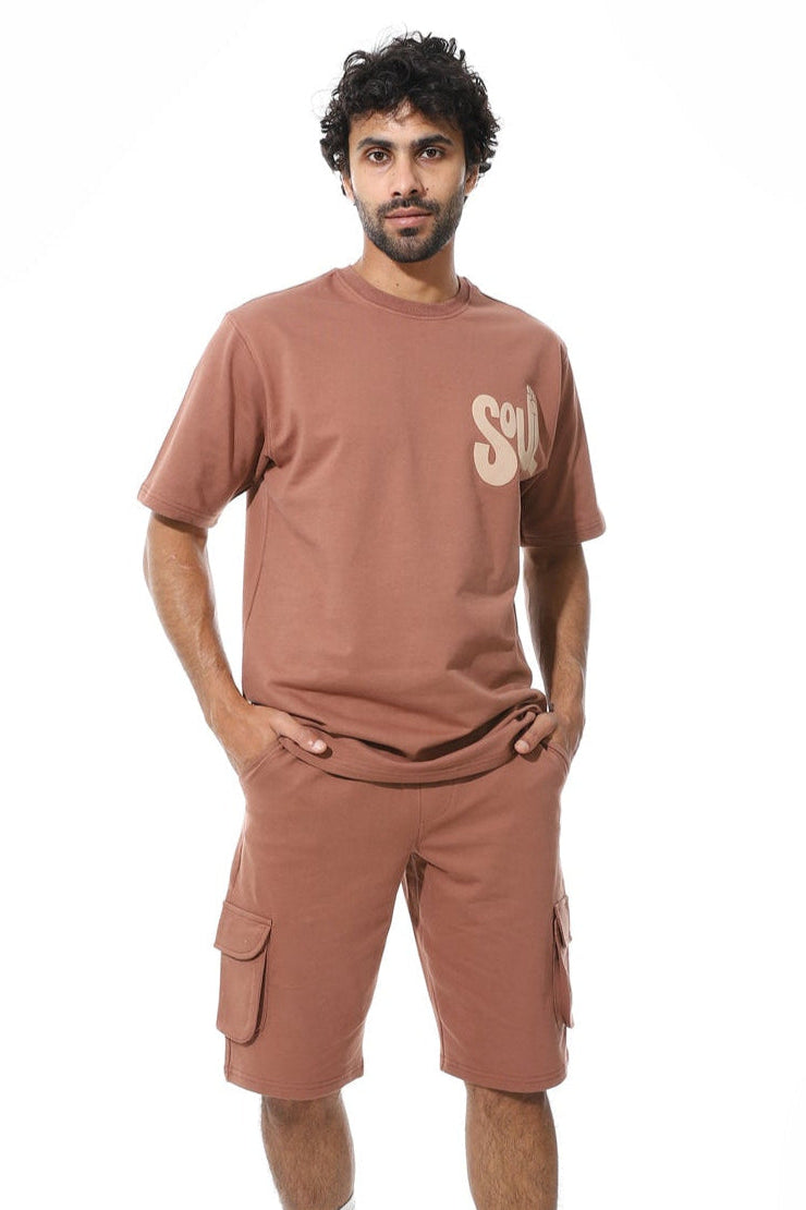 Men's Set Casual Cargo Shorts Set – Print T-Shirt - Brown