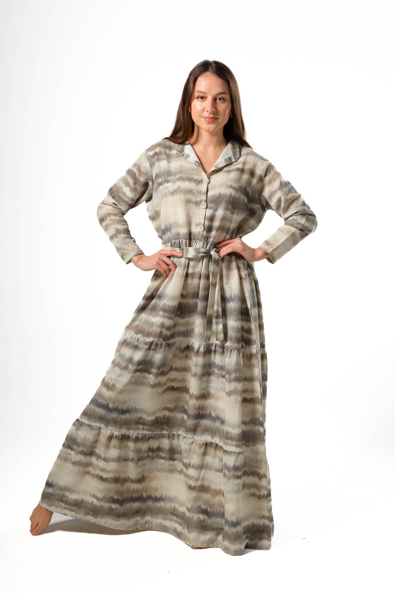 Elegant Women's Linen Dress with Buttons - Olive