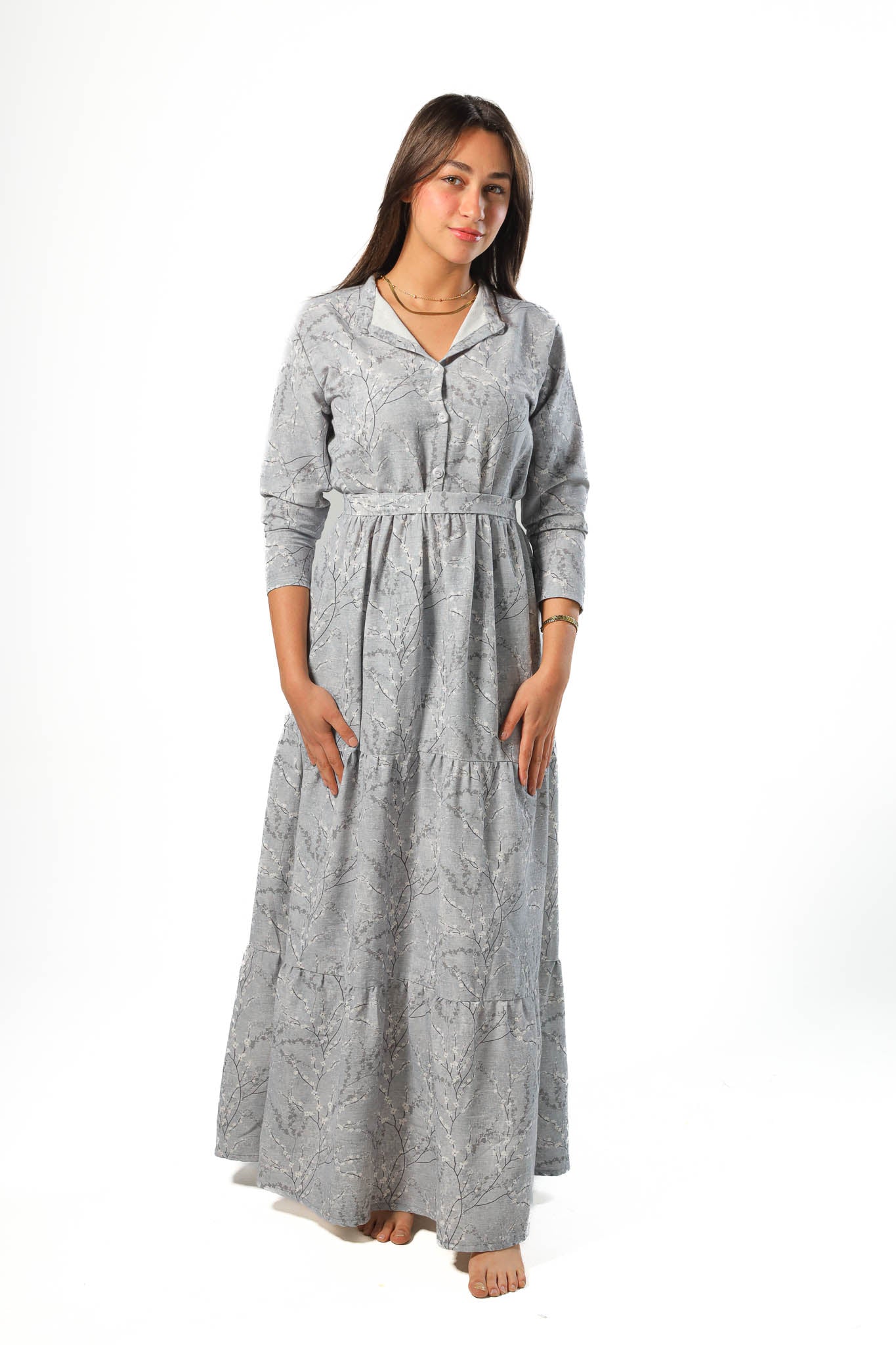 Elegant Women's Linen Dress with Buttons - Grey