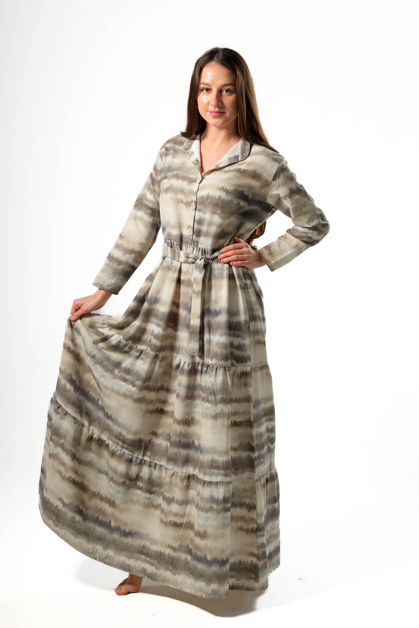 Elegant Women's Linen Dress with Buttons - Olive