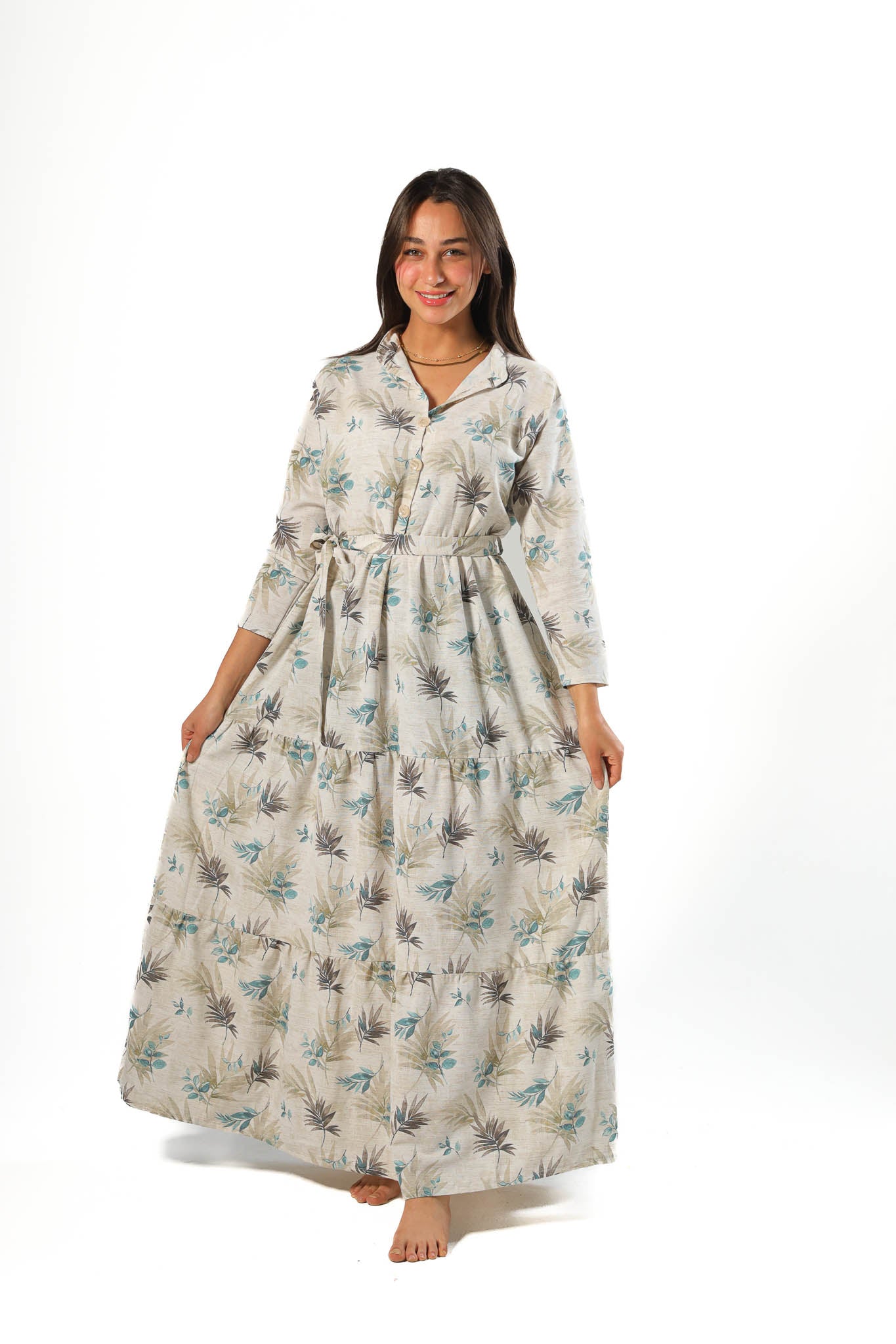 Elegant Women's Linen Dress with Buttons - Cafe