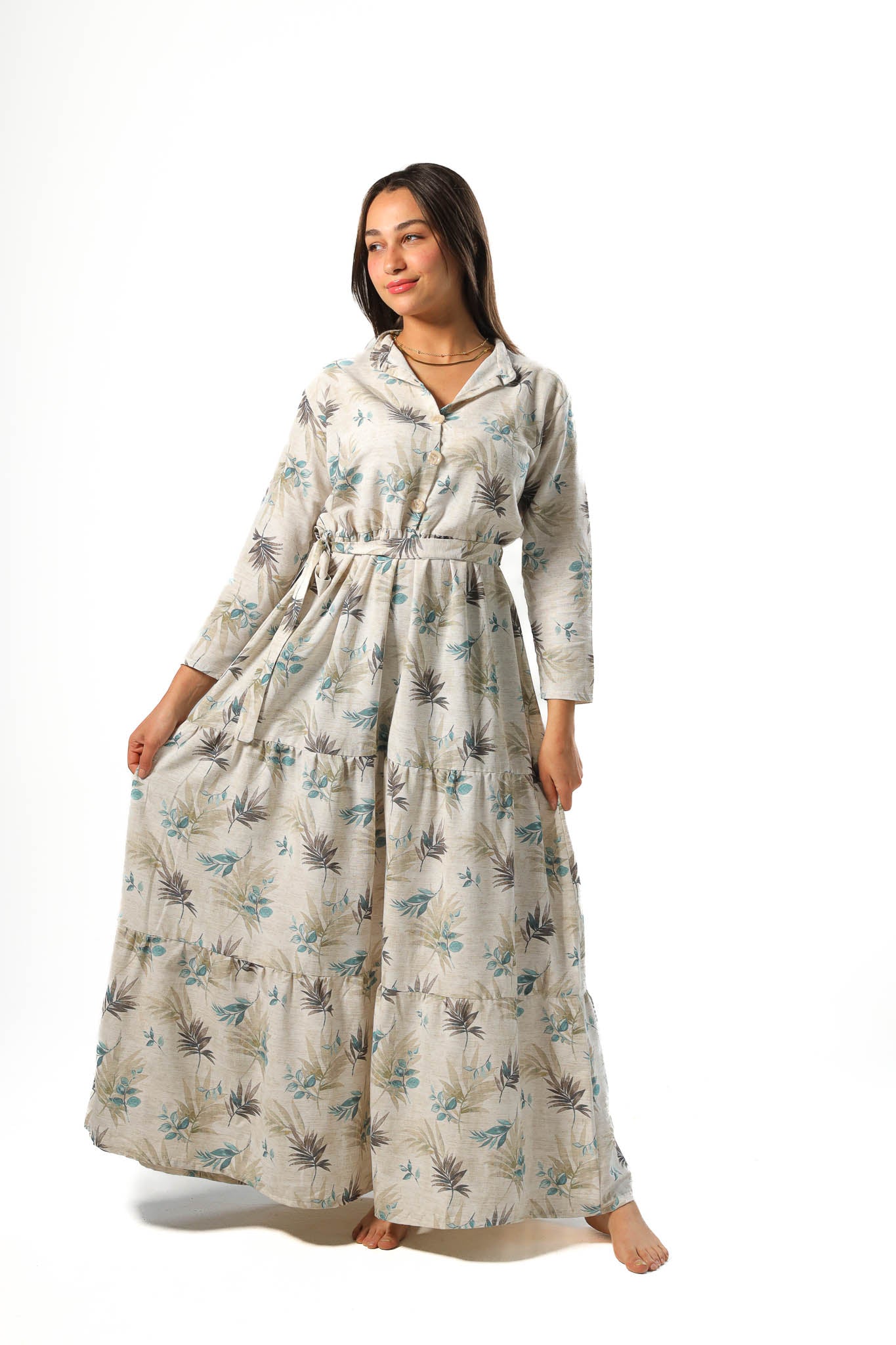 Elegant Women's Linen Dress with Buttons - Cafe